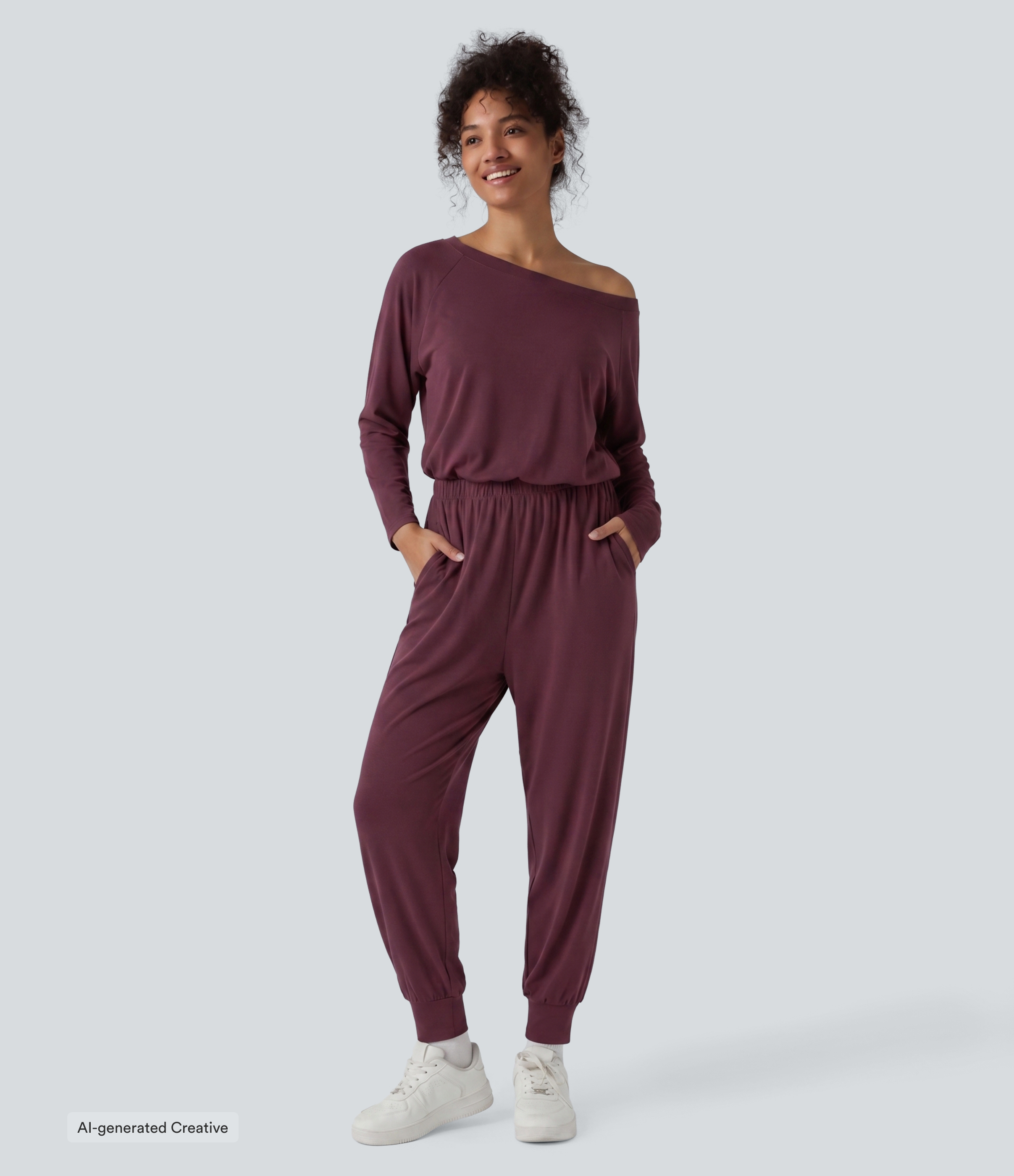 Off Shoulder Long Sleeve Pocket Waffle Casual Jumpsuit