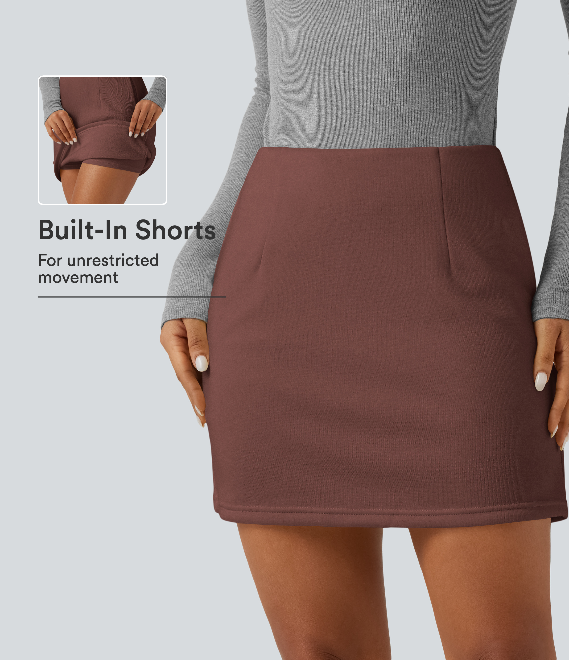 Brown Stone Mini-jupe taille haute 2-en-1, coupe A, style décontracté, avec poches / 1