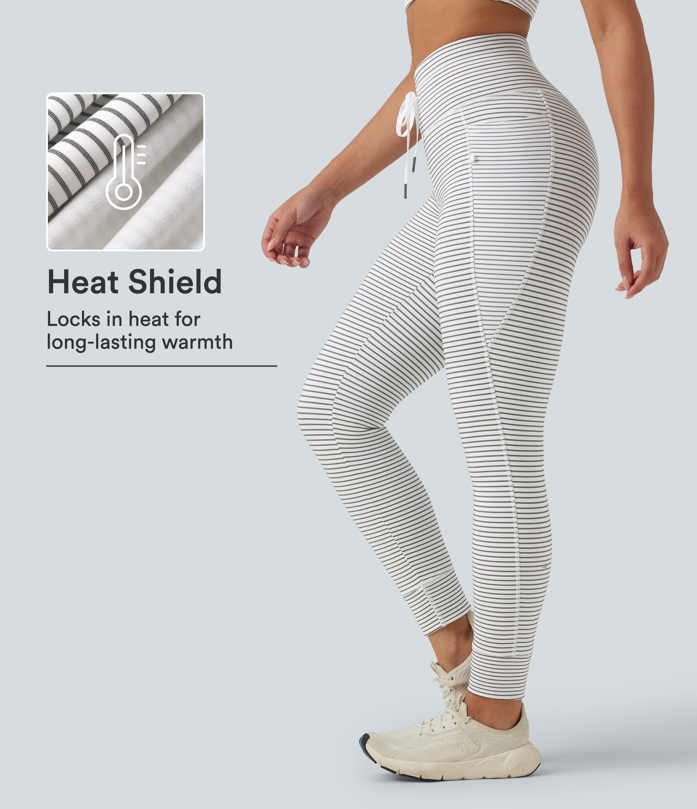 High Waisted Drawstring Stripe Fleece Yoga Leggings with Pockets