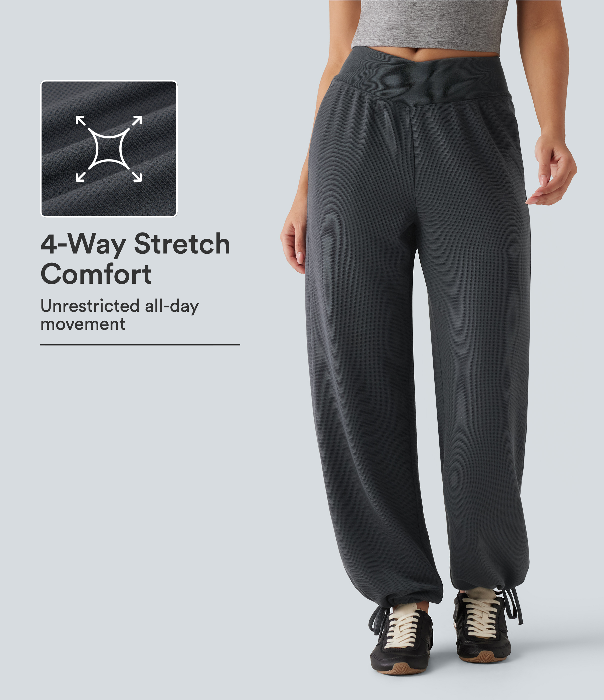 High Waisted Crossover Gathered Hem Casual Joggers with Pockets