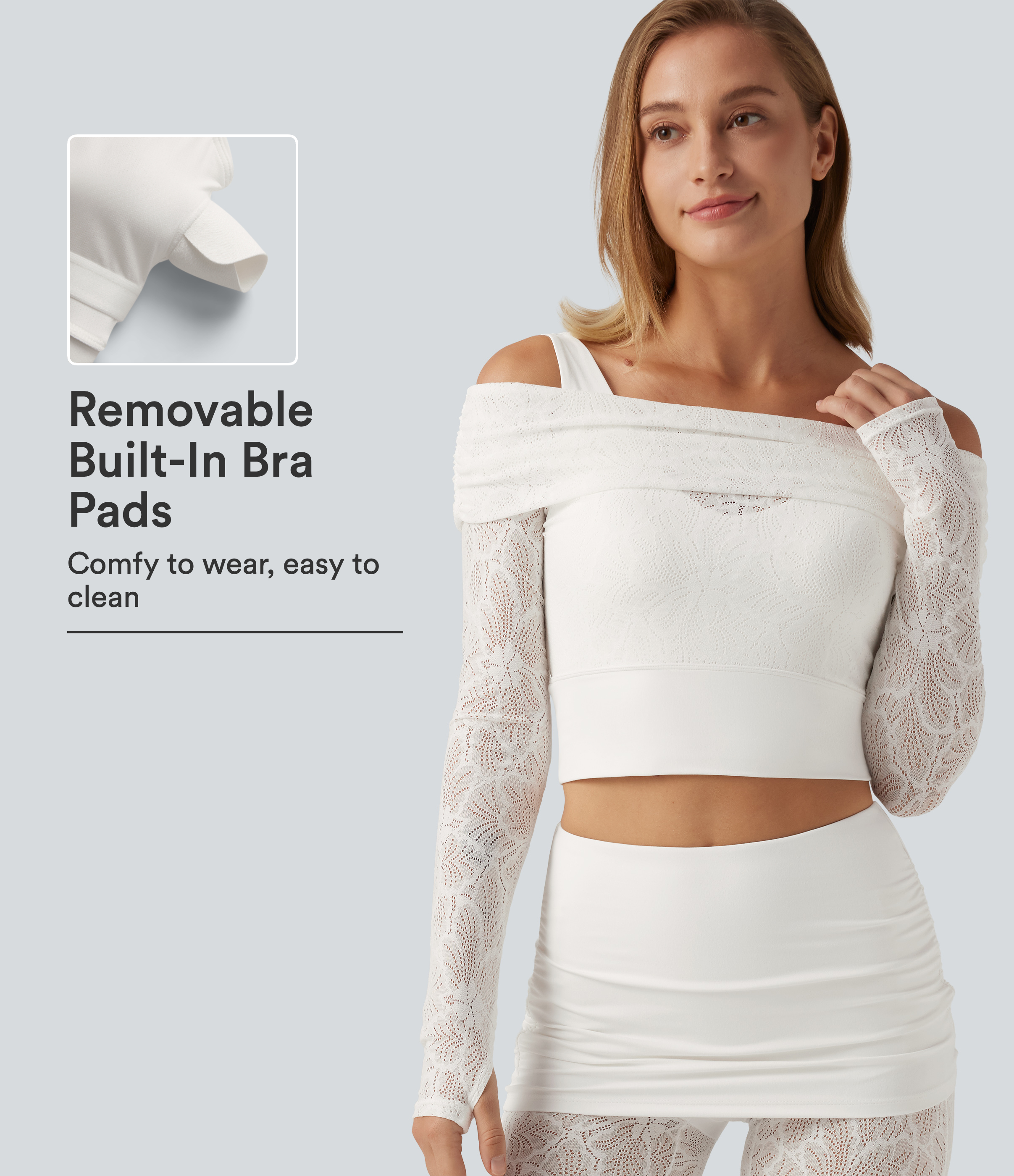SoftlyZero™ Off Shoulder Long Sleeve Contrast Lace Yoga Sports Top with Built-in Bra