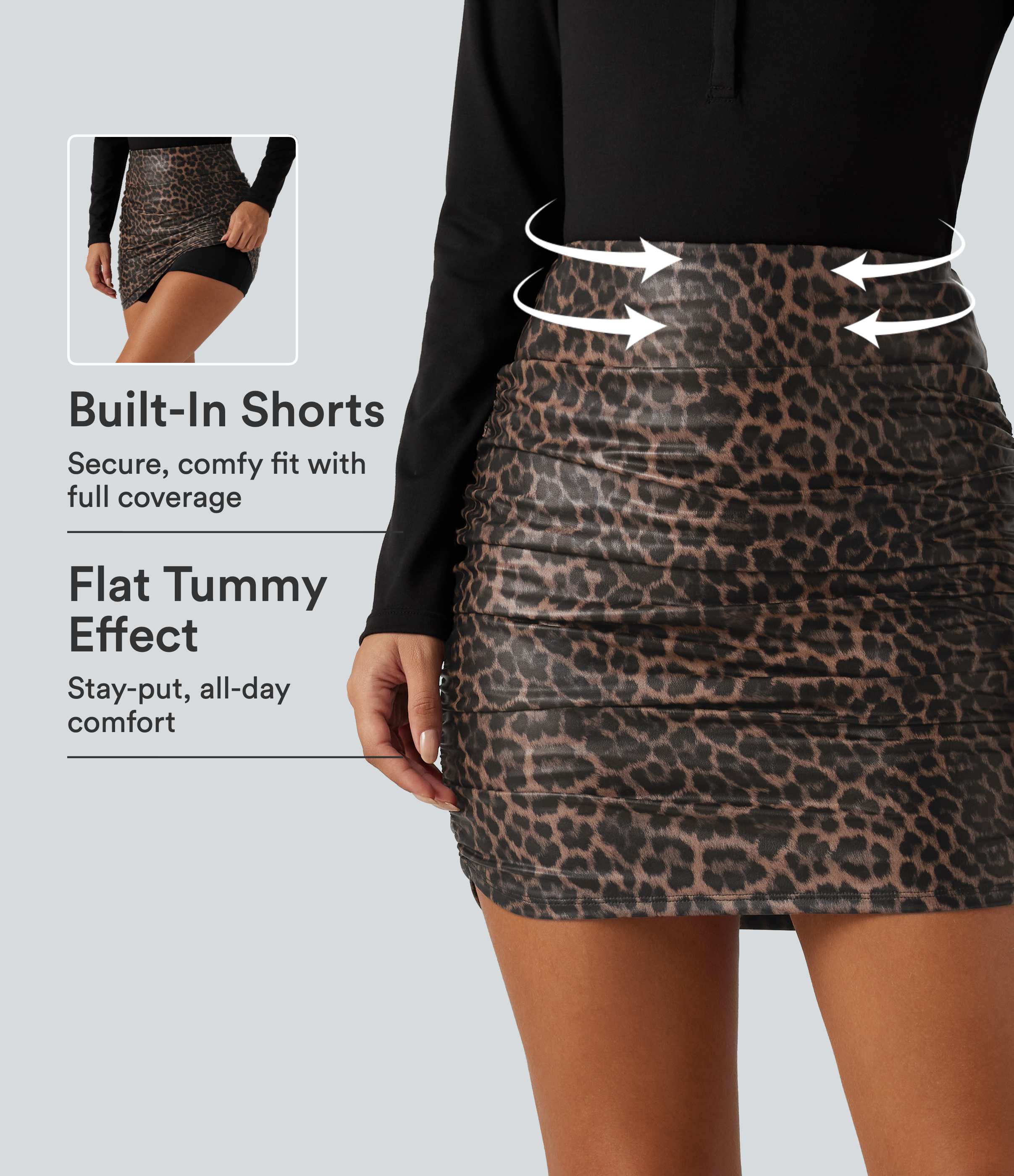High Waisted Tummy Control Stretchy PU Leopard Print Party Mini Skirt with Built-In Shorts-Longer Length