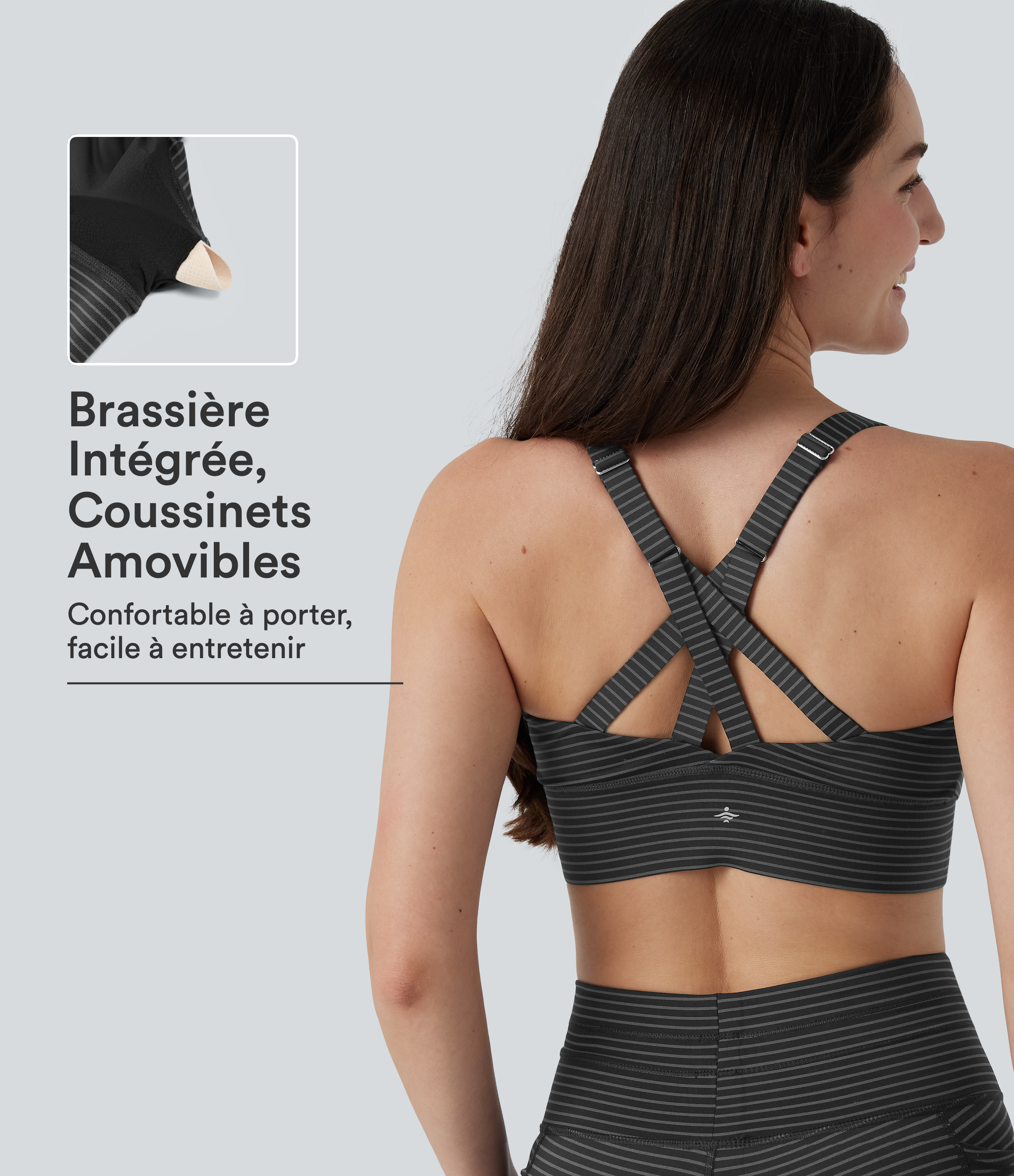 Brassière de running rayée à maintien moyen et effet push-up, avec zip, bretelles réglables et coussinets amovibles