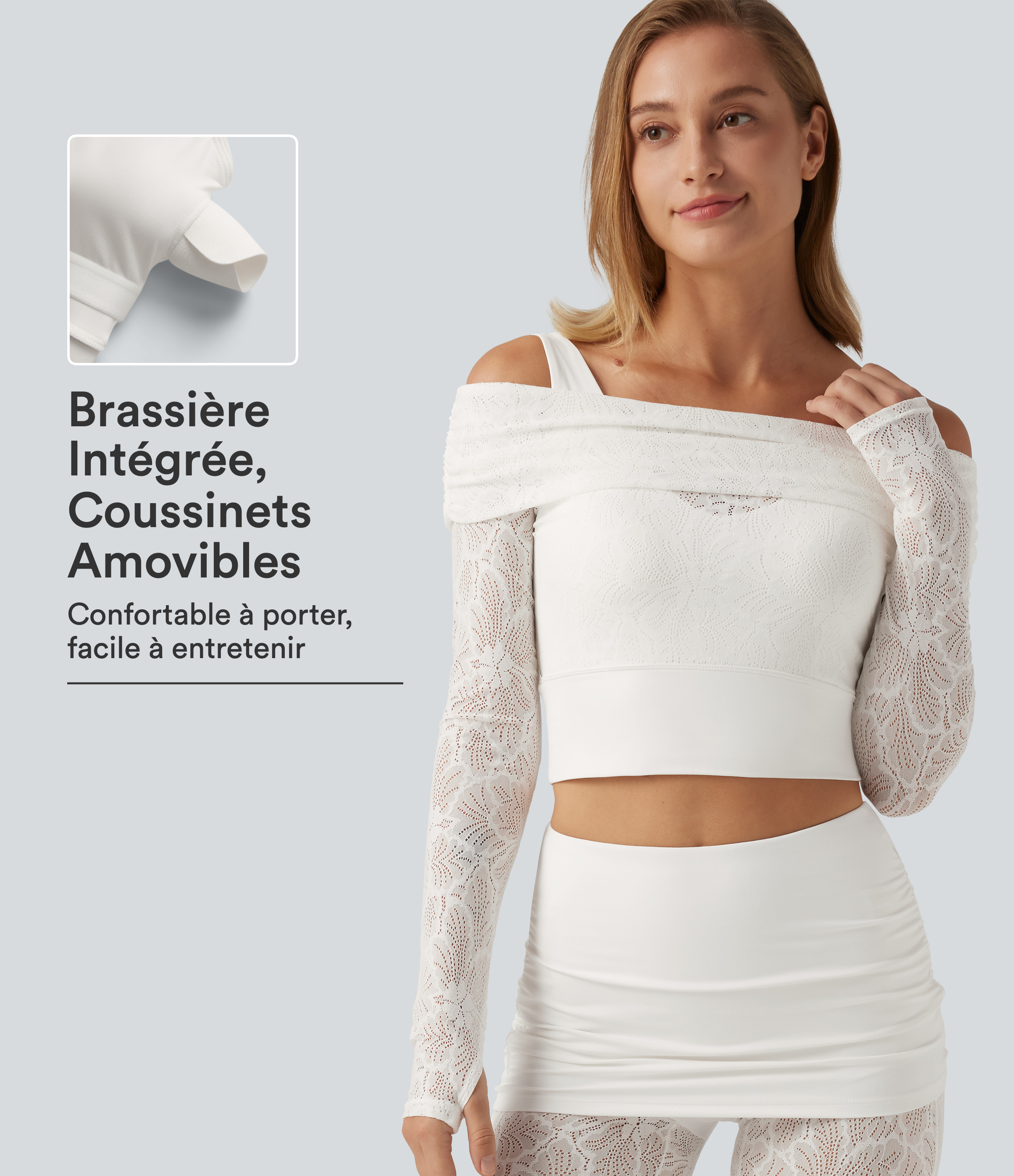 Haut de yoga SoftlyZero™ à épaules dénudées, manches longues, dentelle contrastée et coussinets amovibles