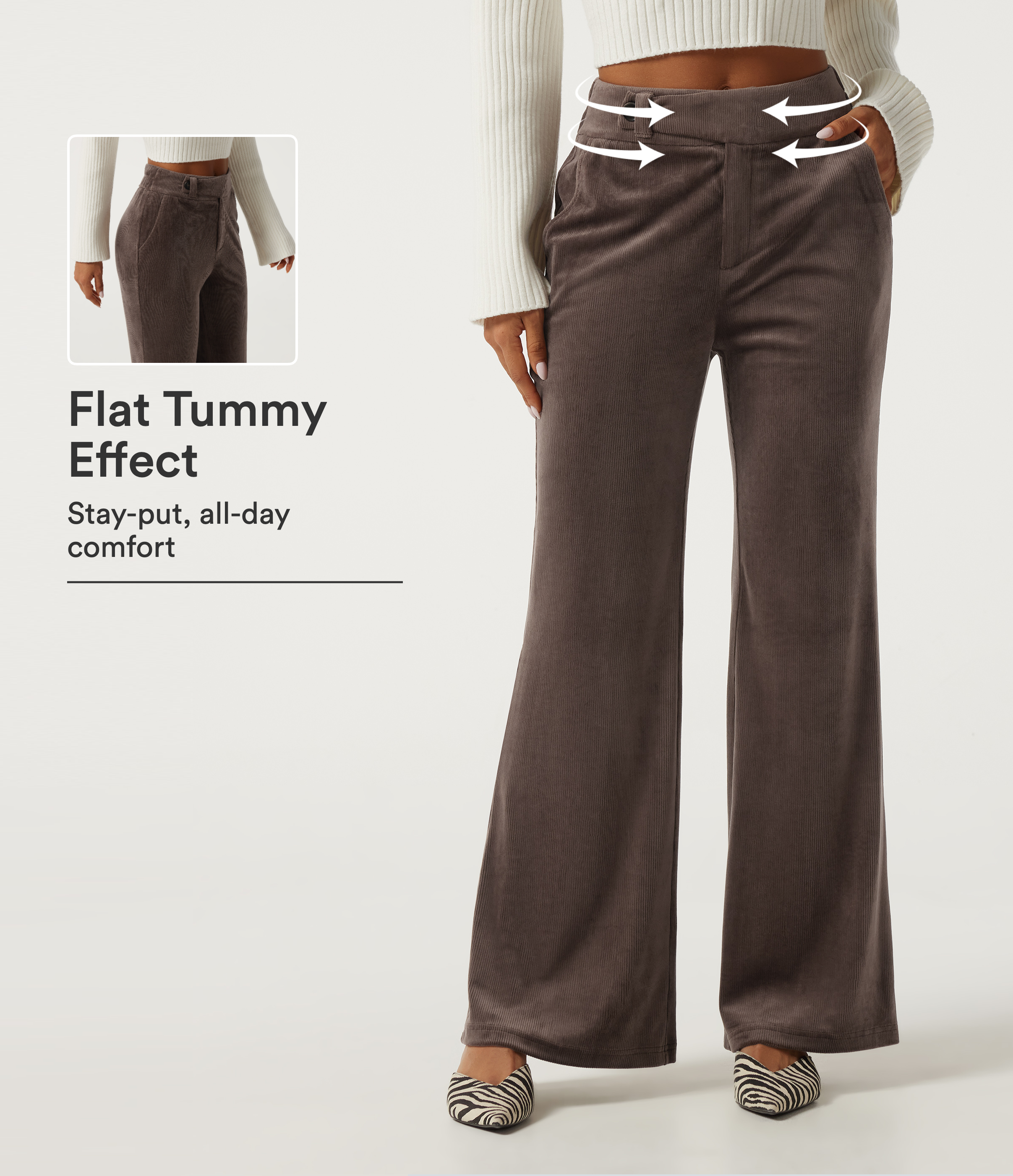 High Waisted Tummy Control Asymmetric Flare Corduroy Casual Pants with Pockets