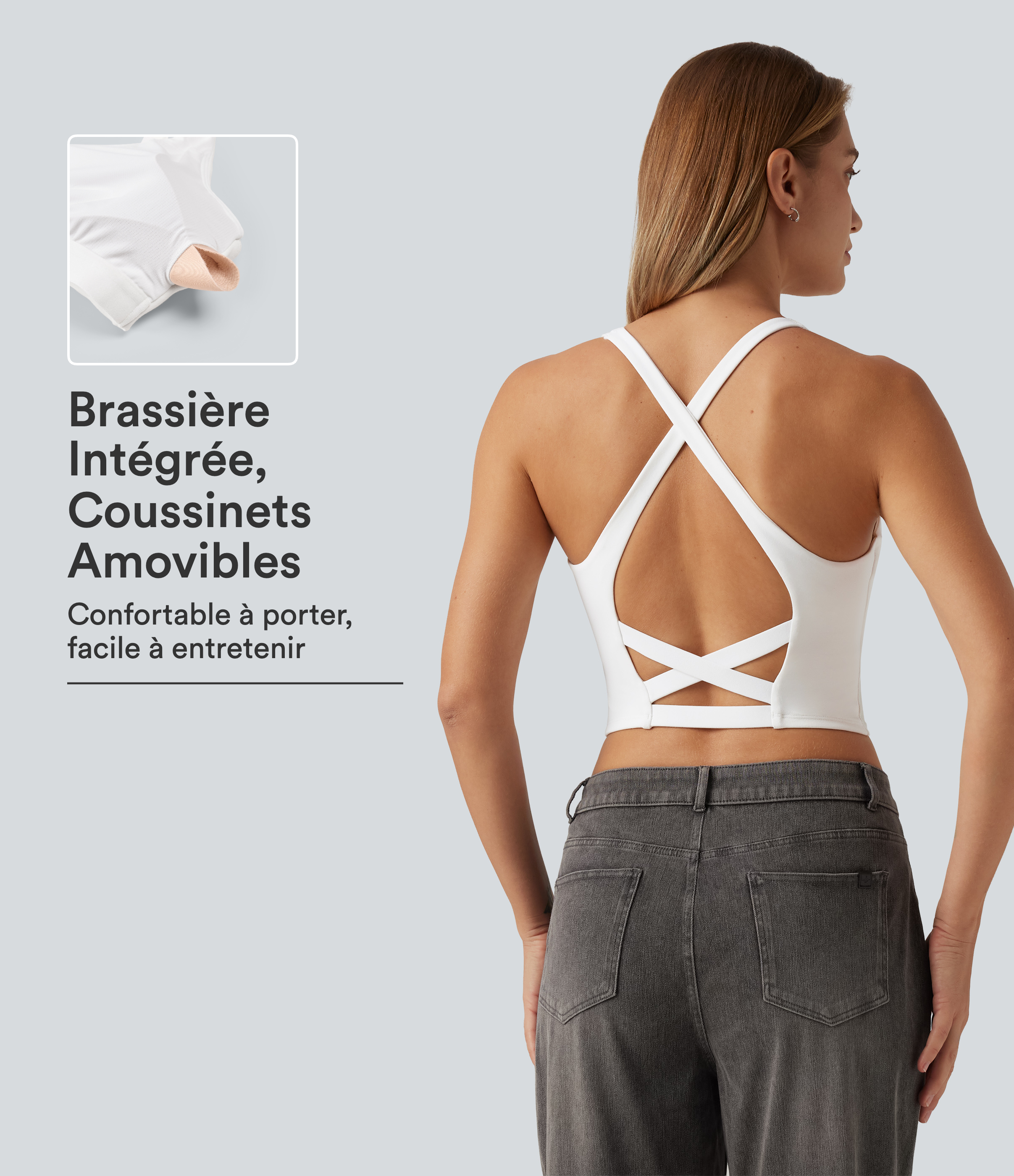 Débardeur à encolure en V, bretelles croisées et coussinets amovibles