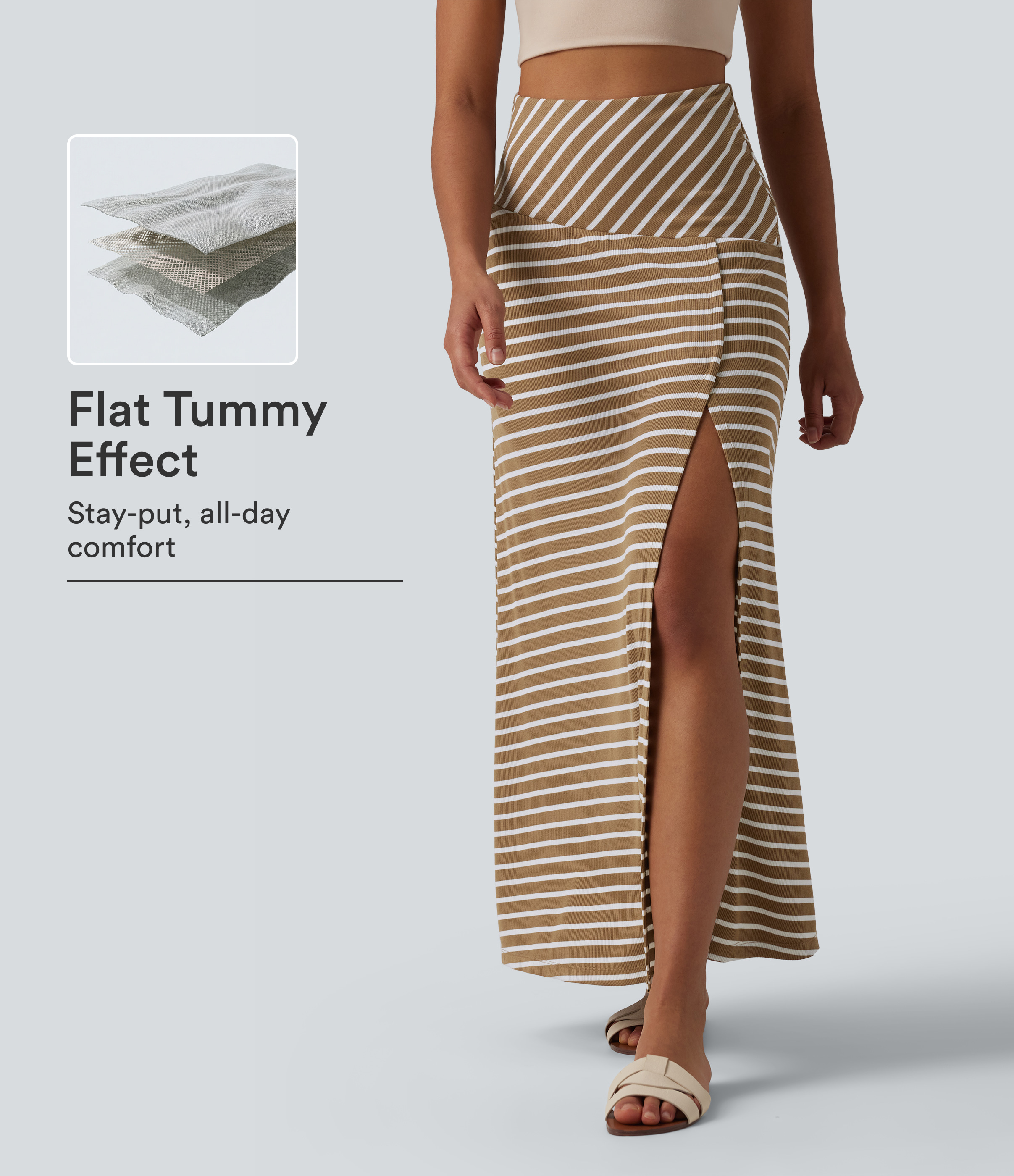 Ribbed Knit High Waisted Tummy Control Stripe Maxi Casual Skirt with Pocket