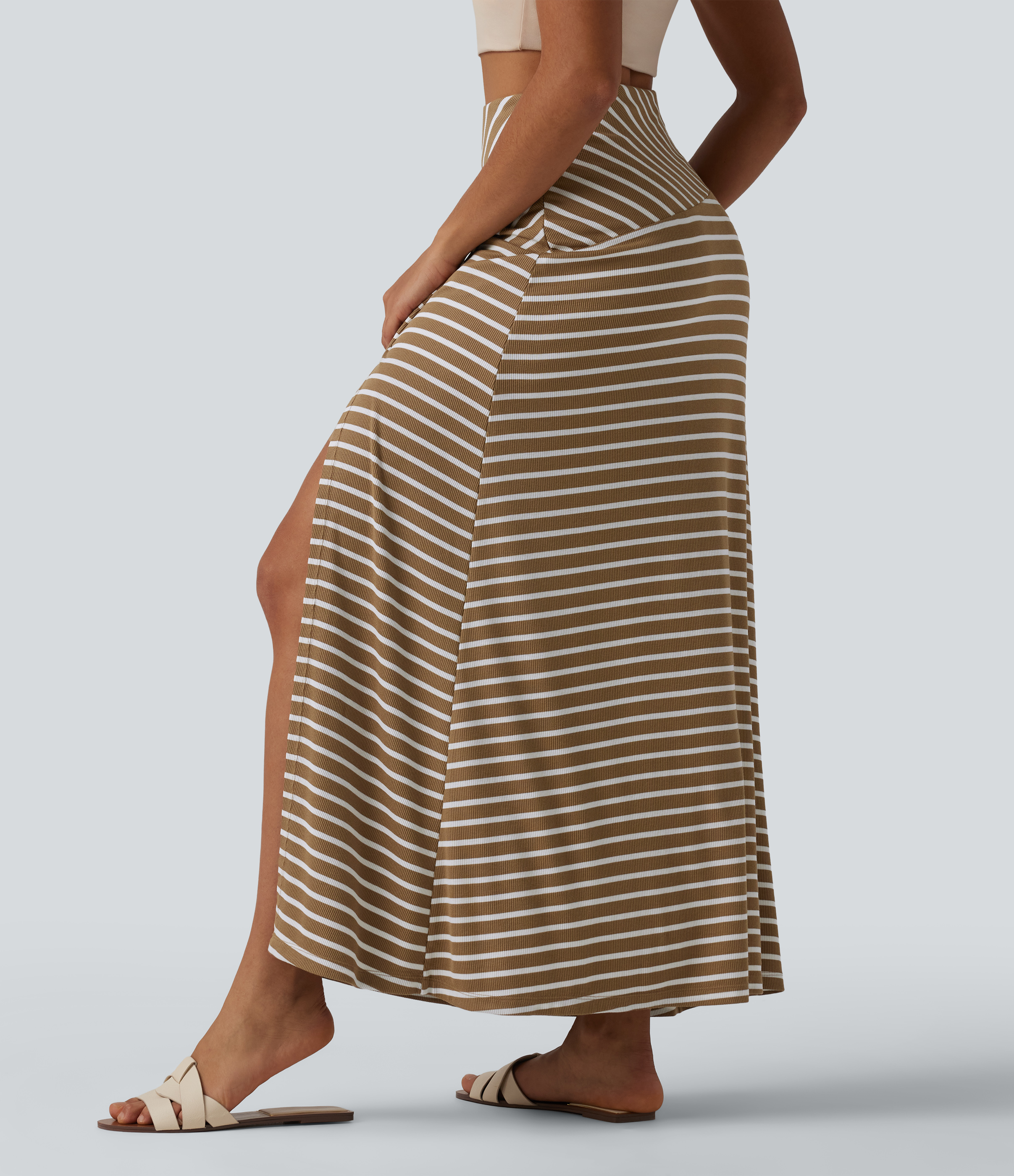 Birch Stripe Ribbed Knit High Waisted Tummy Control Stripe Maxi Casual Skirt with Pocket / 2