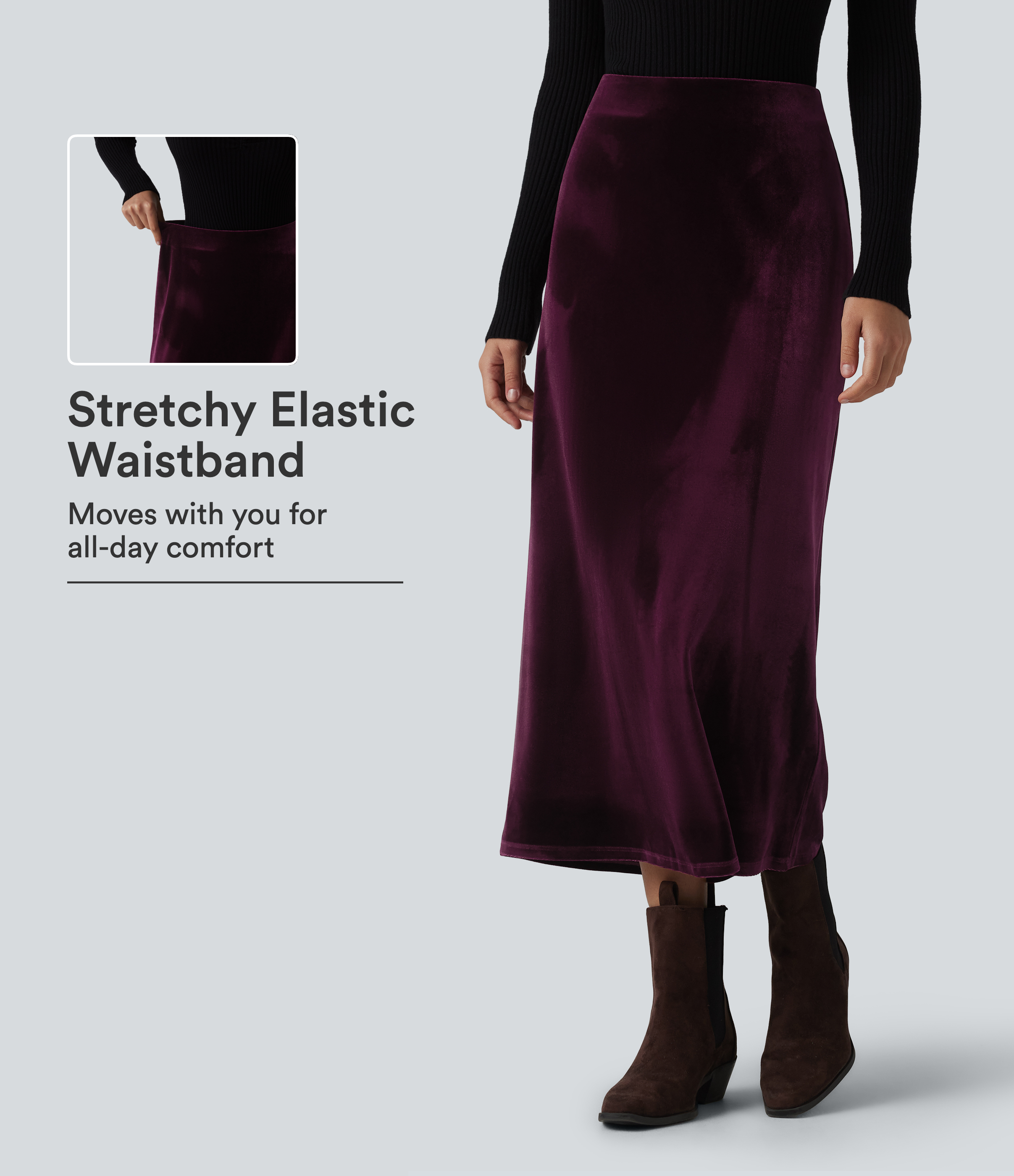 High Waisted Velvet Midi Work Skirt