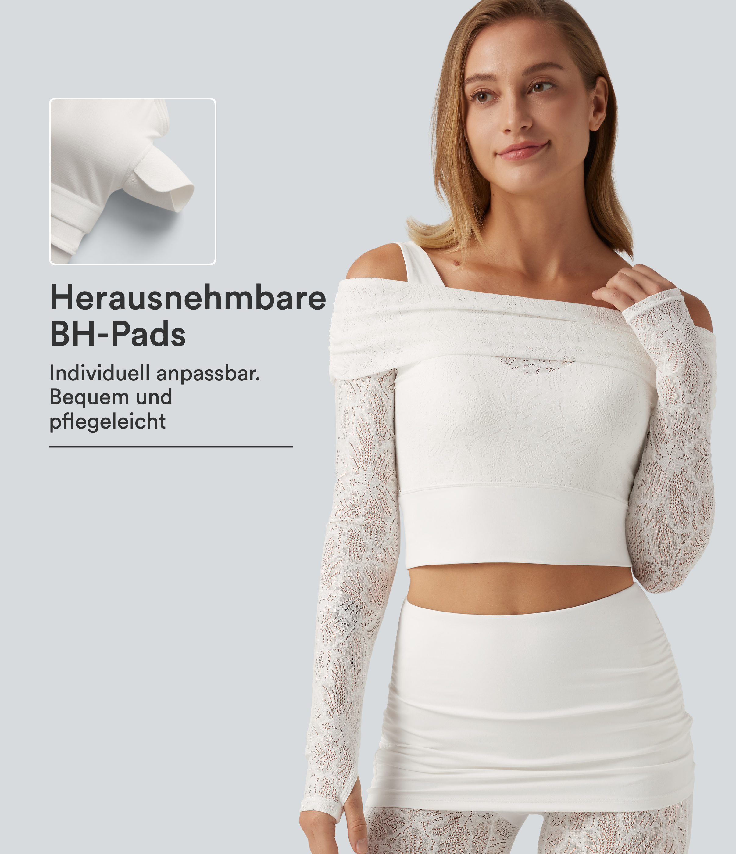 SoftlyZero™ - Schulterfreies Yoga-Sport-Top mit langen Ärmeln, integriertem BH und Kontrastspitze