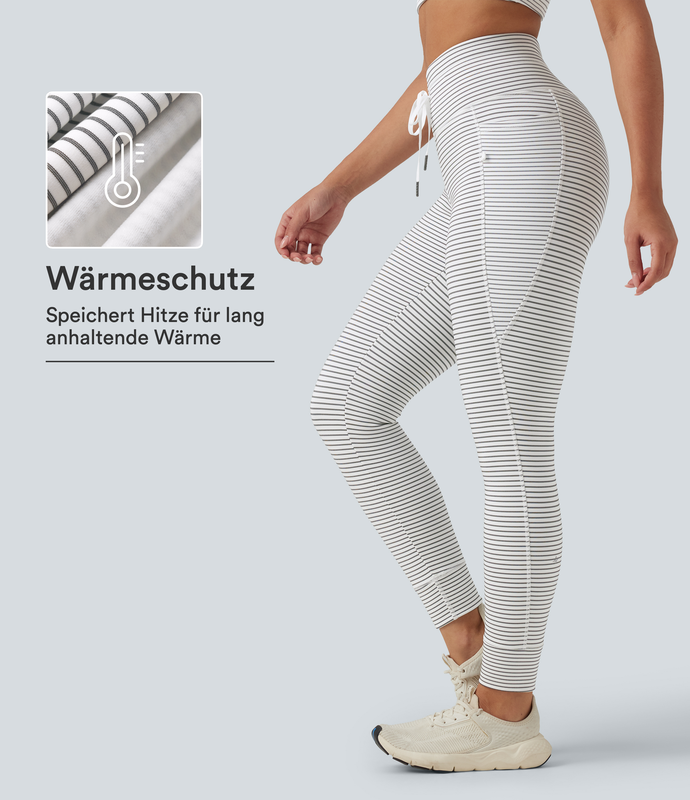 Fleece-Yoga-Leggings mit hohem Bund, Seitentaschen, Kordelzug und Streifen