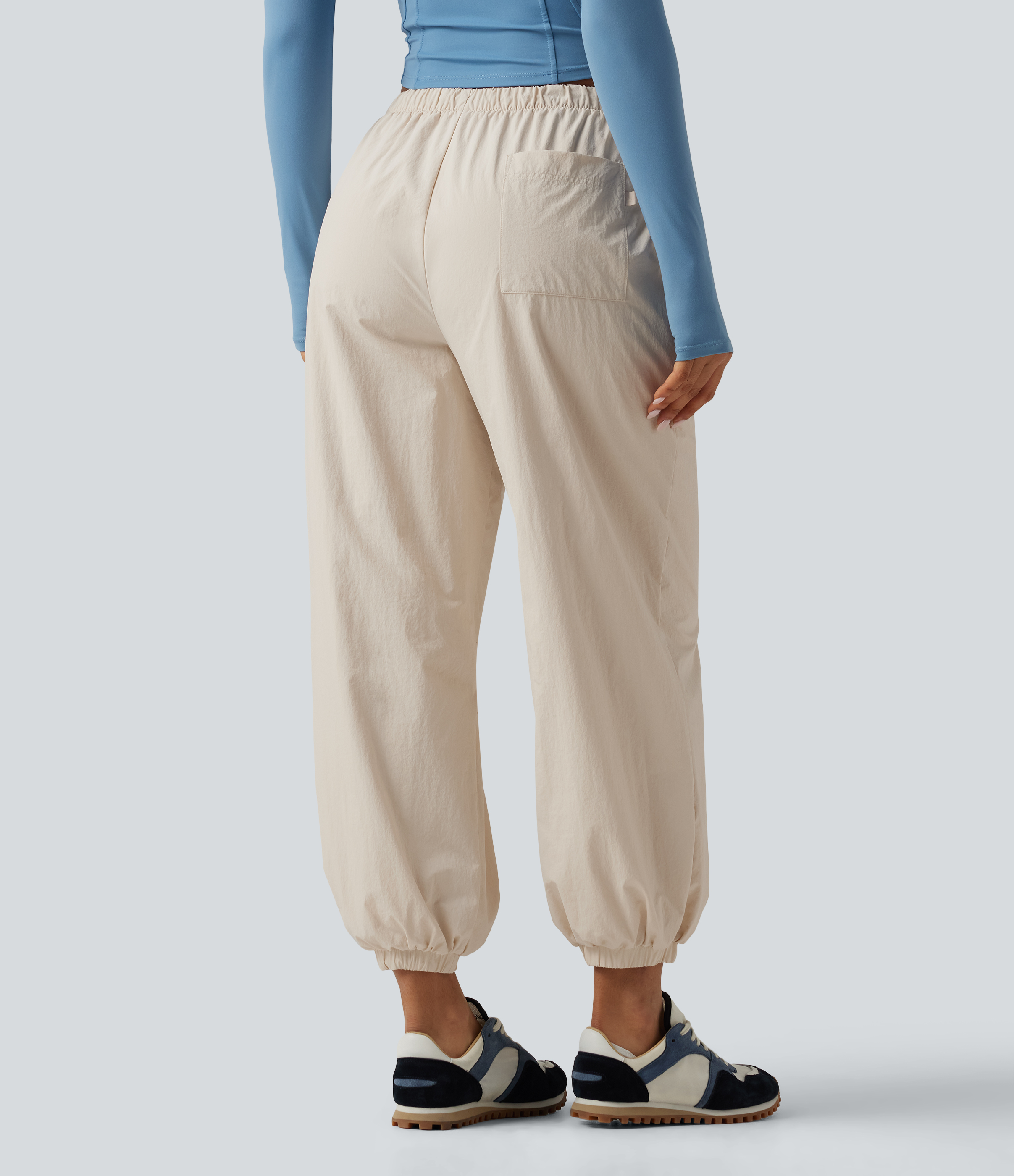 Latte Beige Durable Water Repellent Mid Rise Drawstring Barrel Leg Hiking Jogger with Pockets / 2