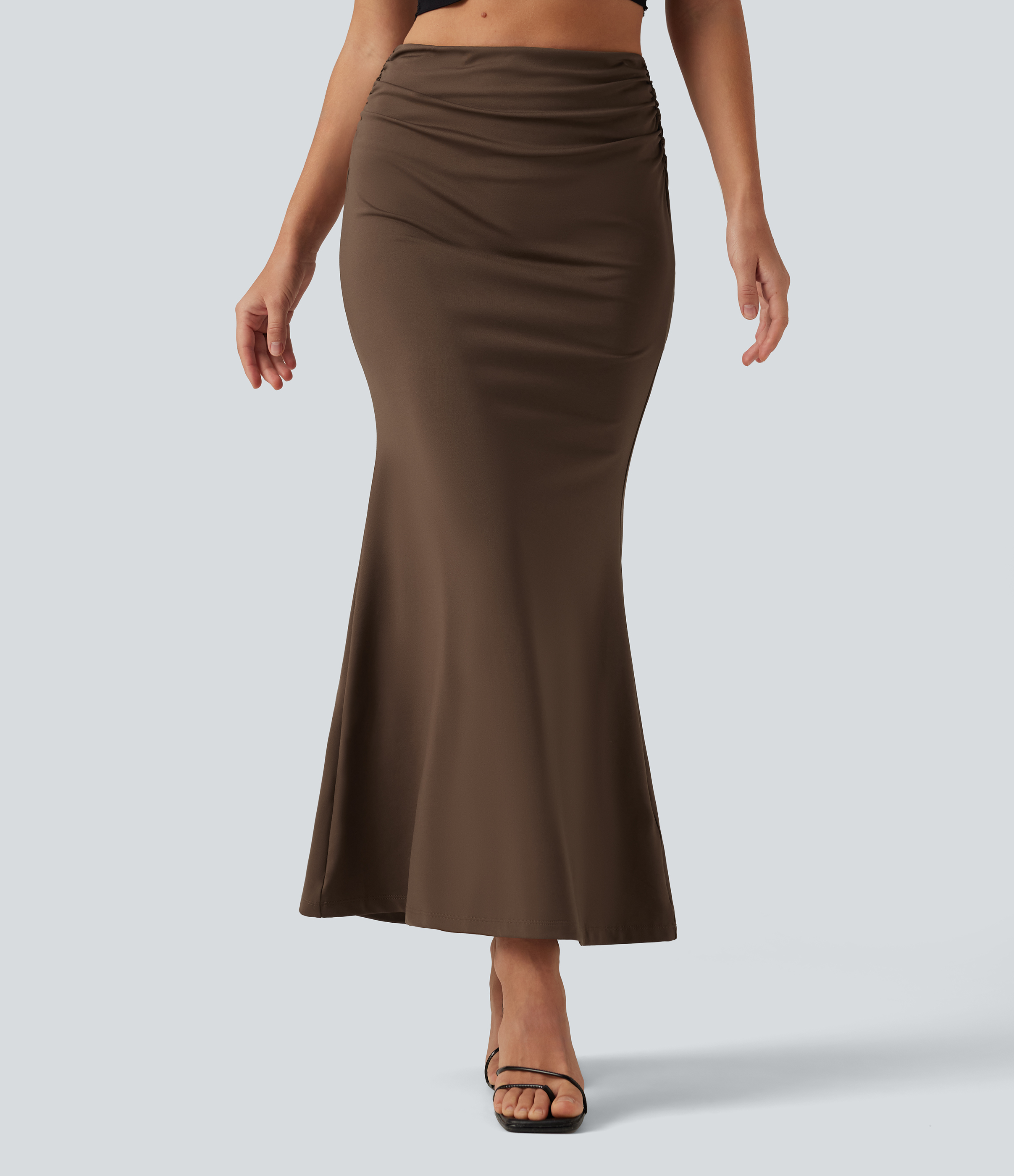 Tummy Control High Waisted 2-in-1 Ruched Casual Midi Mermaid Skirt