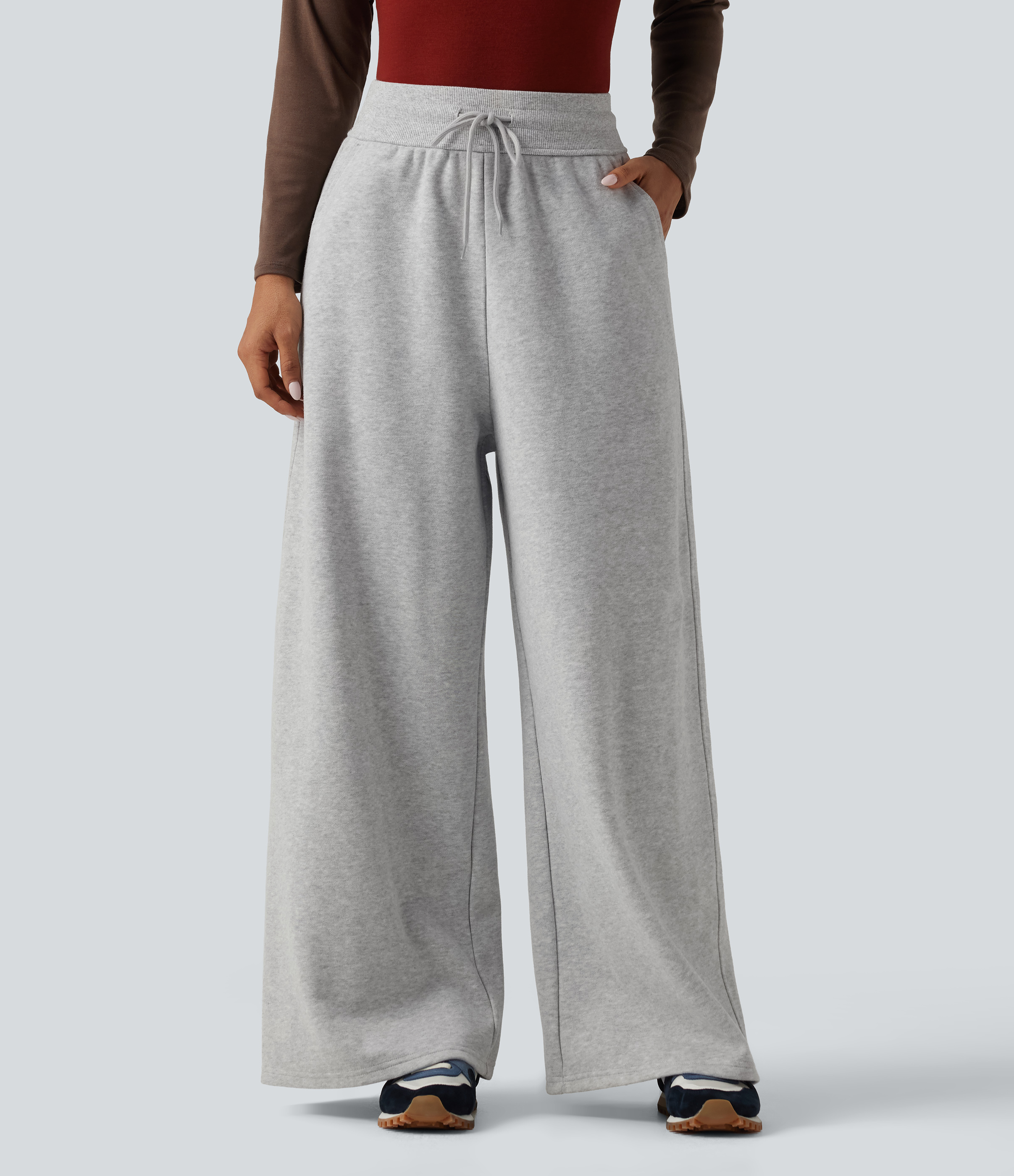 High Waisted Drawstring Wide Leg Fleece Casual Sweatpants with Pockets