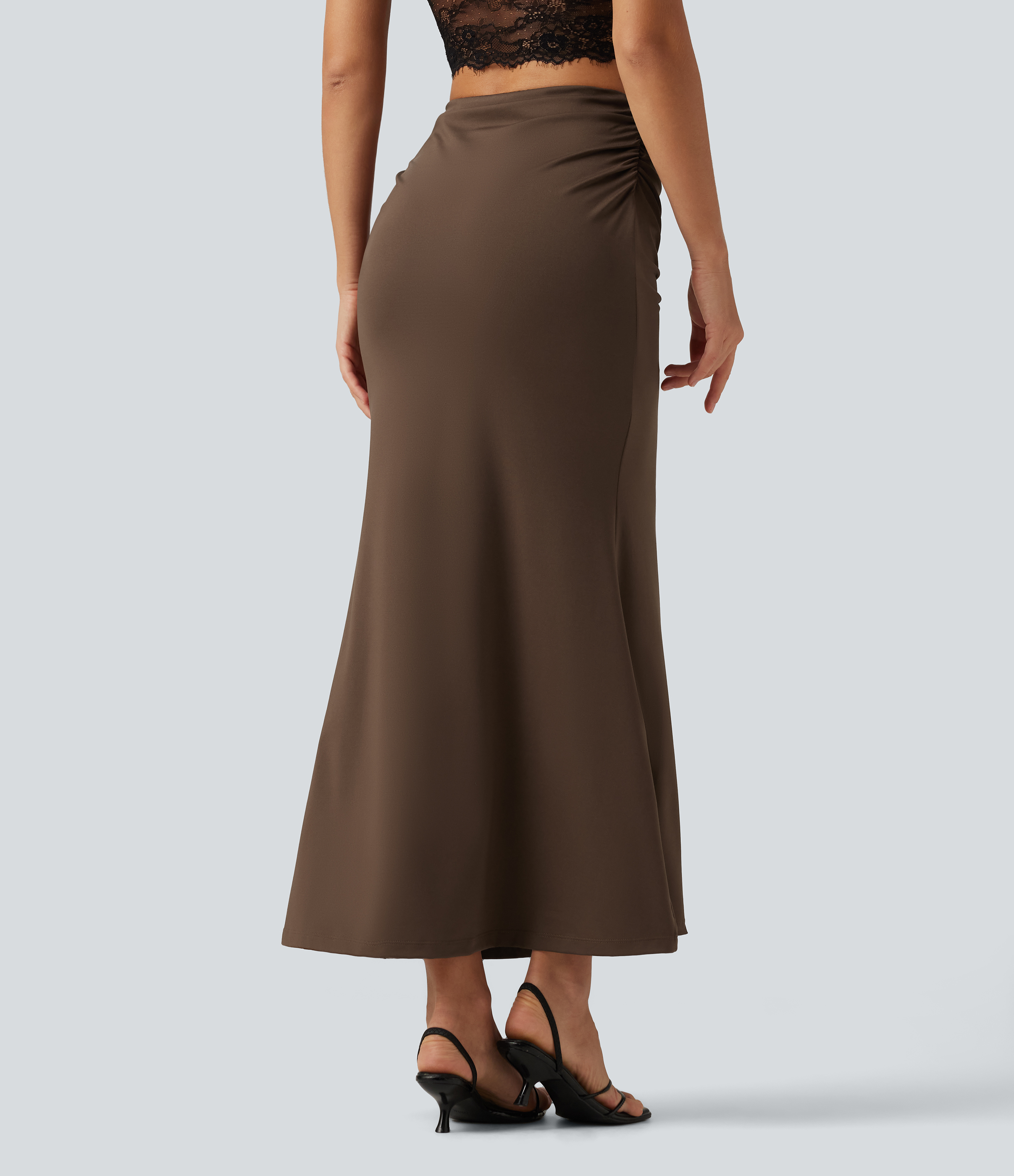 Chestnut Tummy Control High Waisted 2-in-1 Ruched Casual Midi Mermaid Skirt / 2