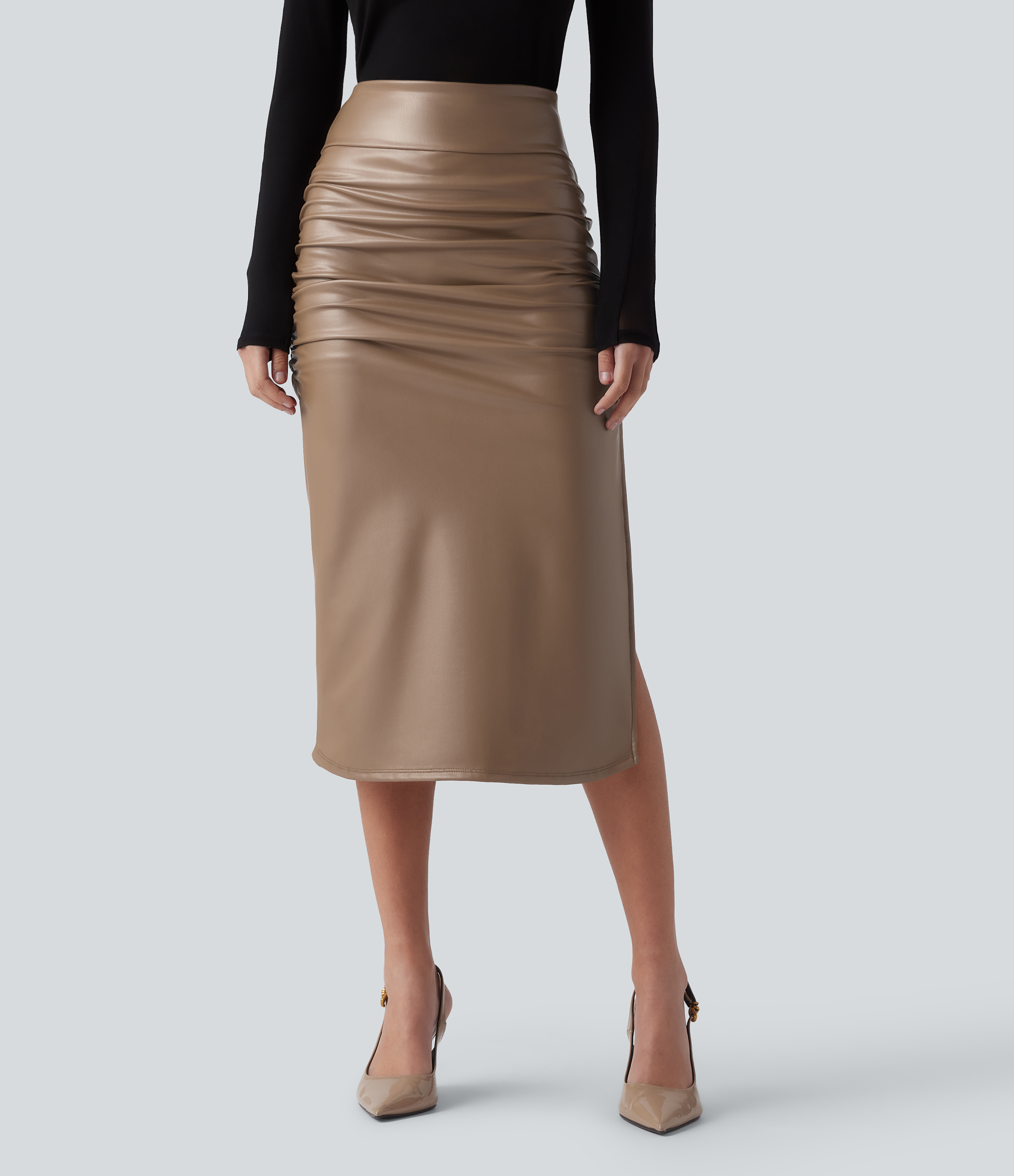 High Waisted Tummy Control Ruched Curved Hem 2-in-1 Fleece PU Midi Casual Skirt