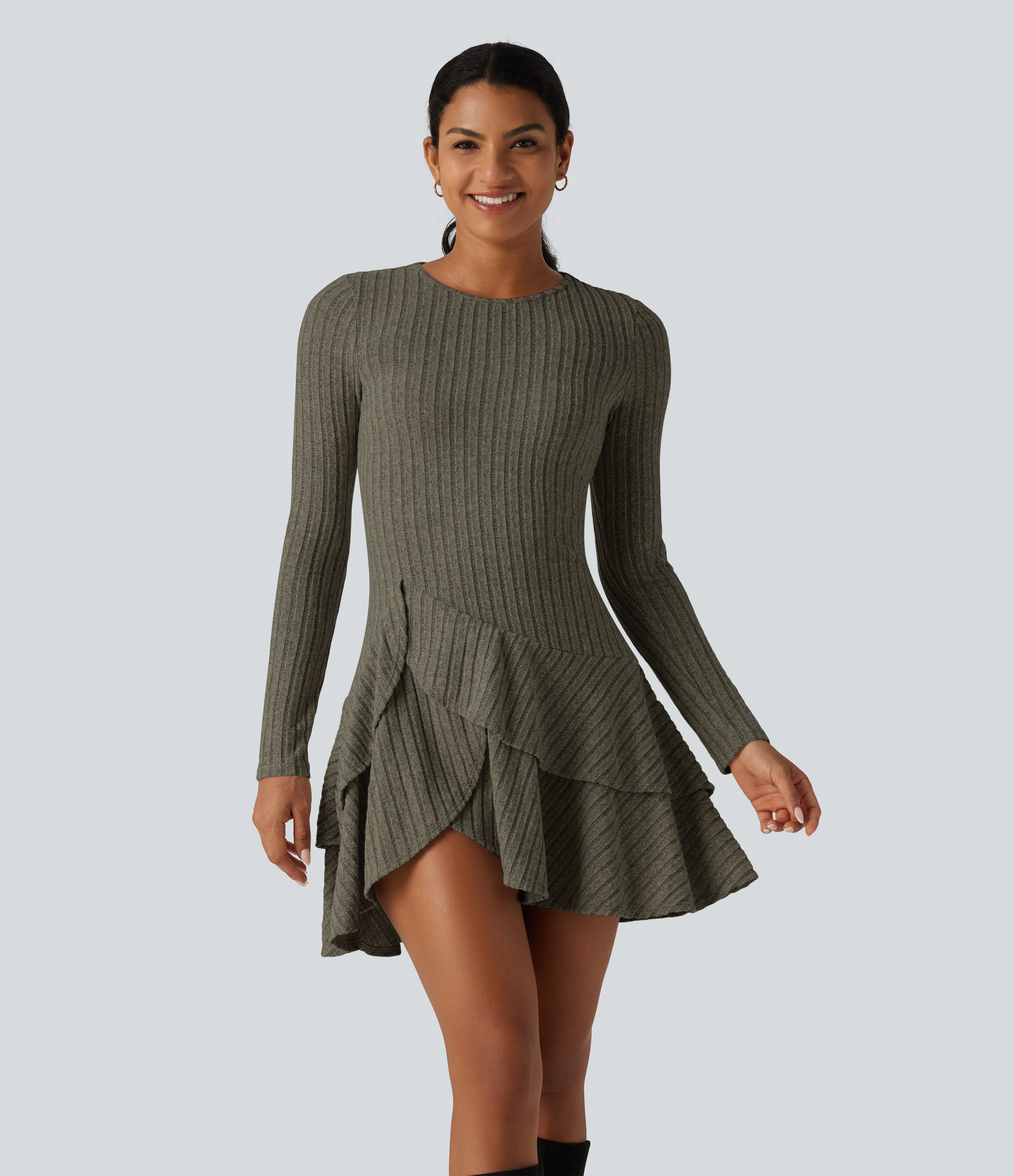 Ribbed Knit Round Neck Long Sleeve Layered Ruffle Hem Mini Casual Dress