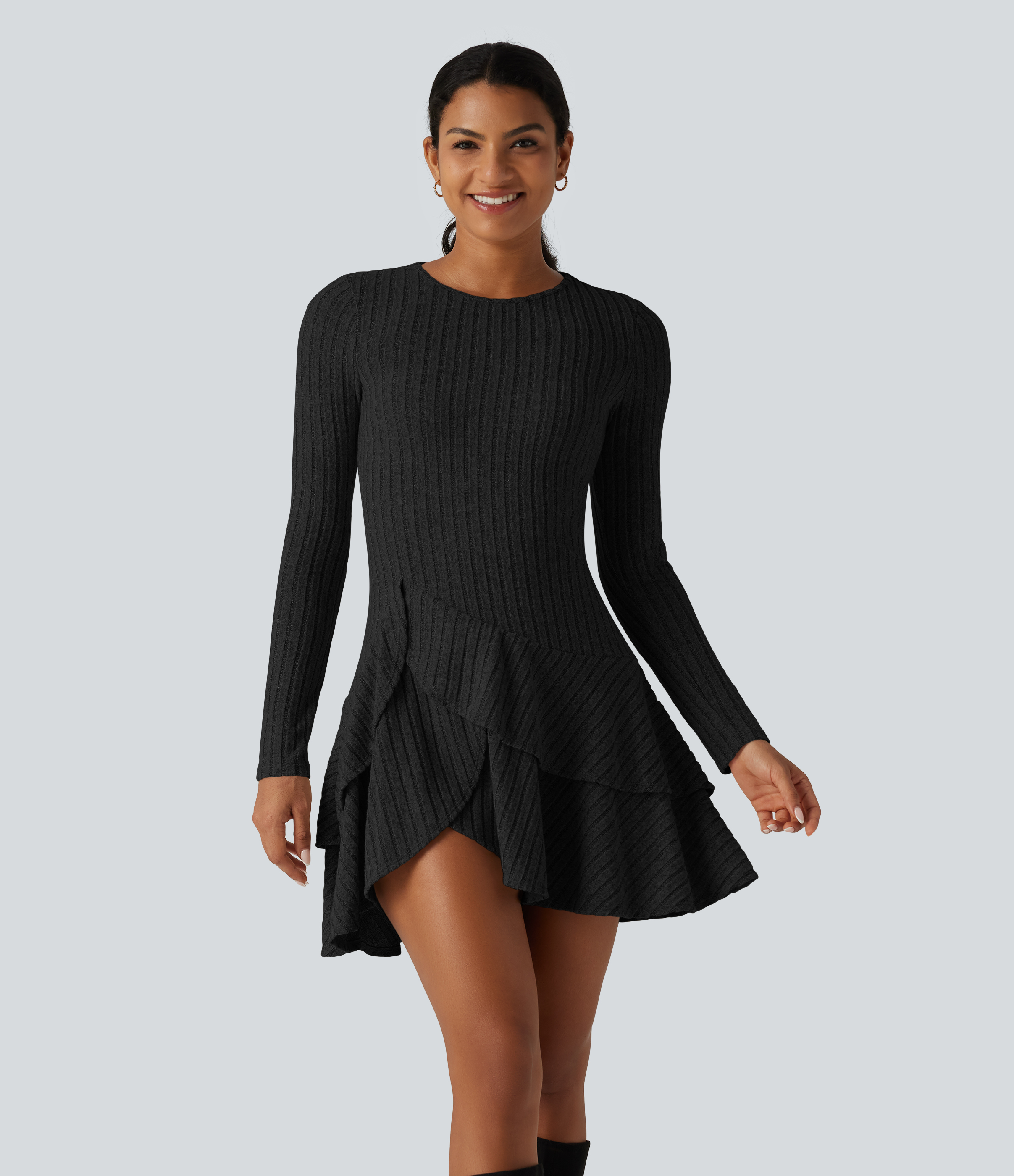 Ribbed Knit Round Neck Long Sleeve Layered Ruffle Hem Mini Casual Dress