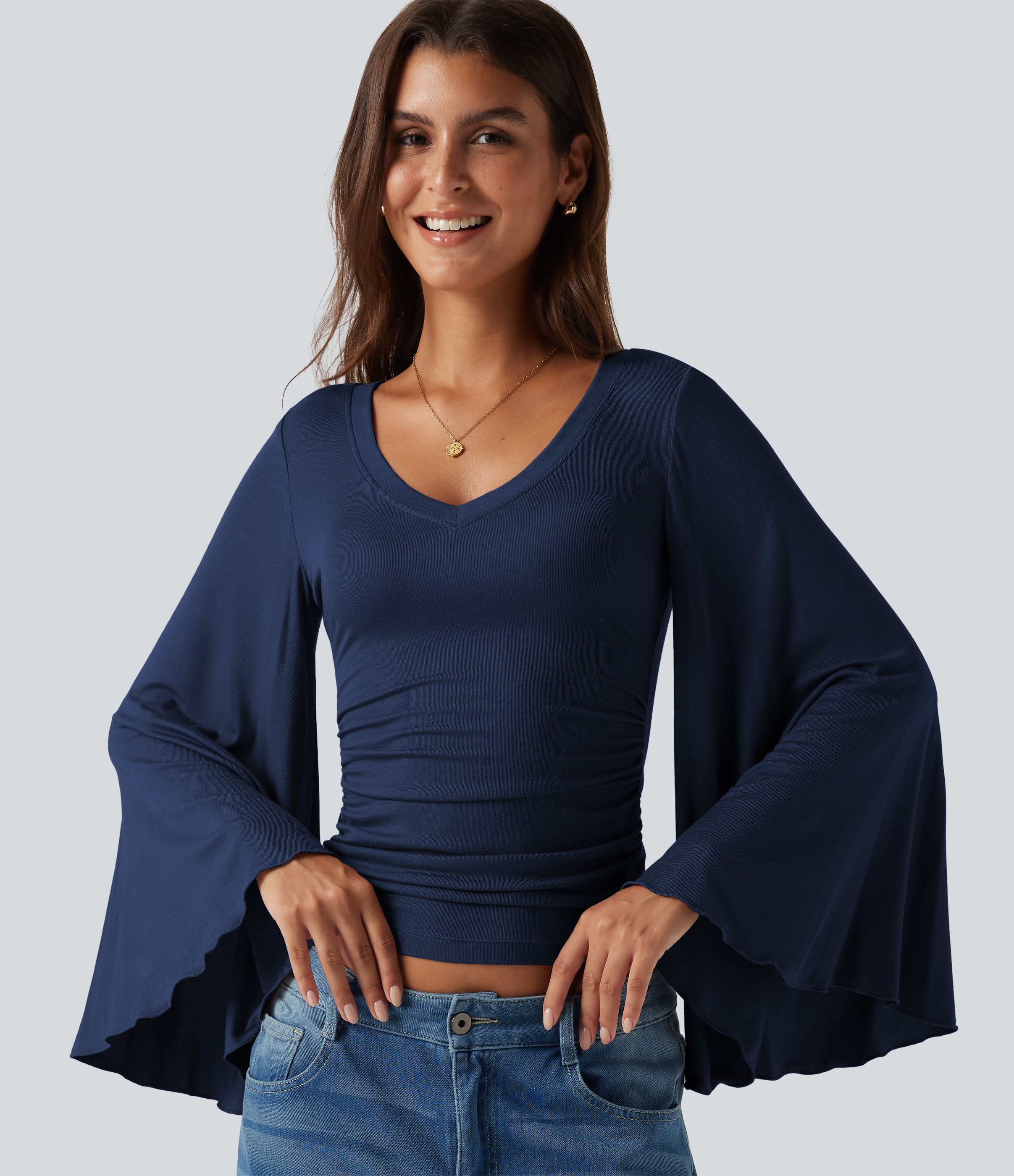 Ribbed V Neck Flounce Sleeve Ruched Casual T-Shirt