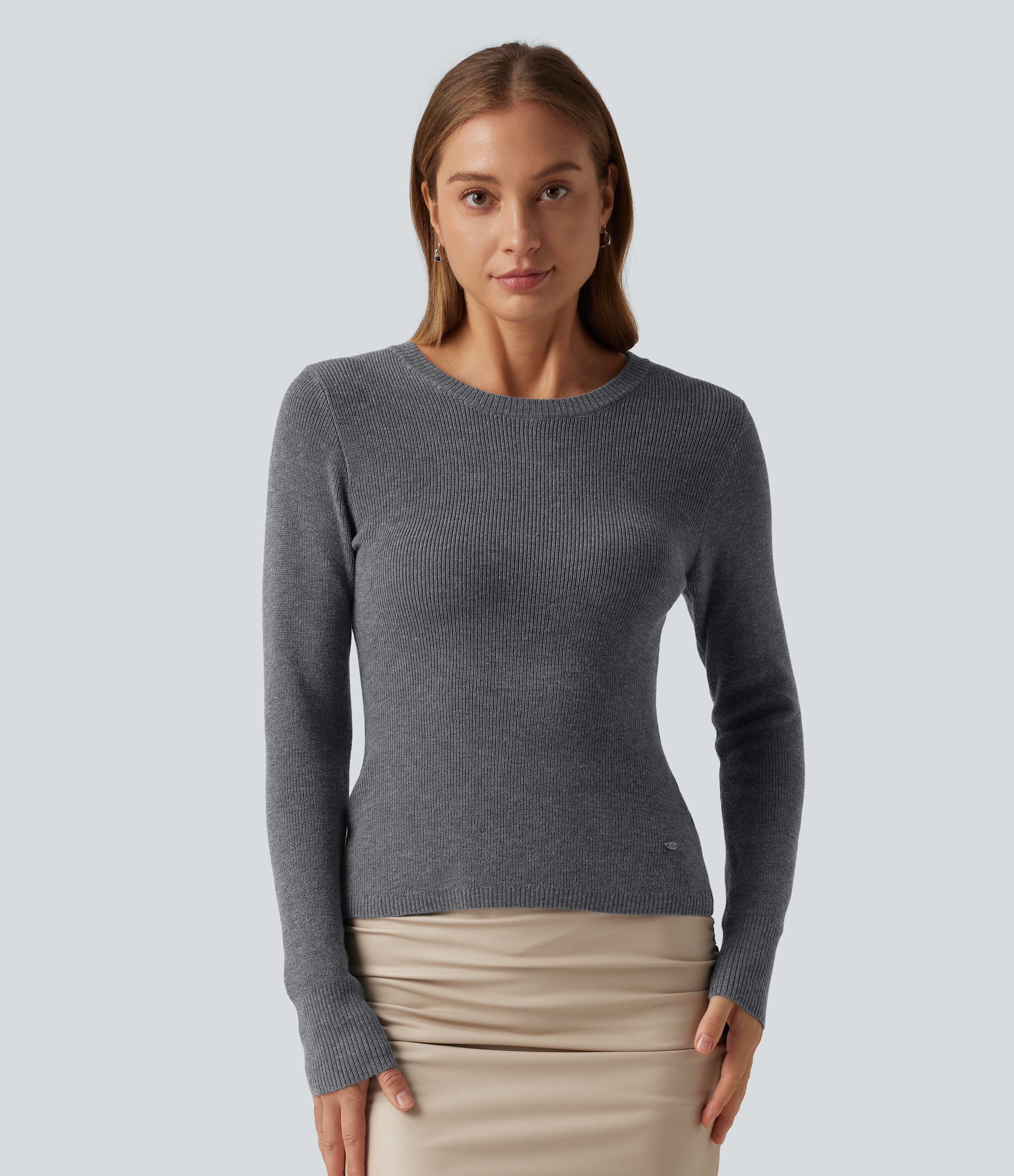 Granite Gray Round Neck Long Sleeve Cut Out Crossover Casual Sweater / 2