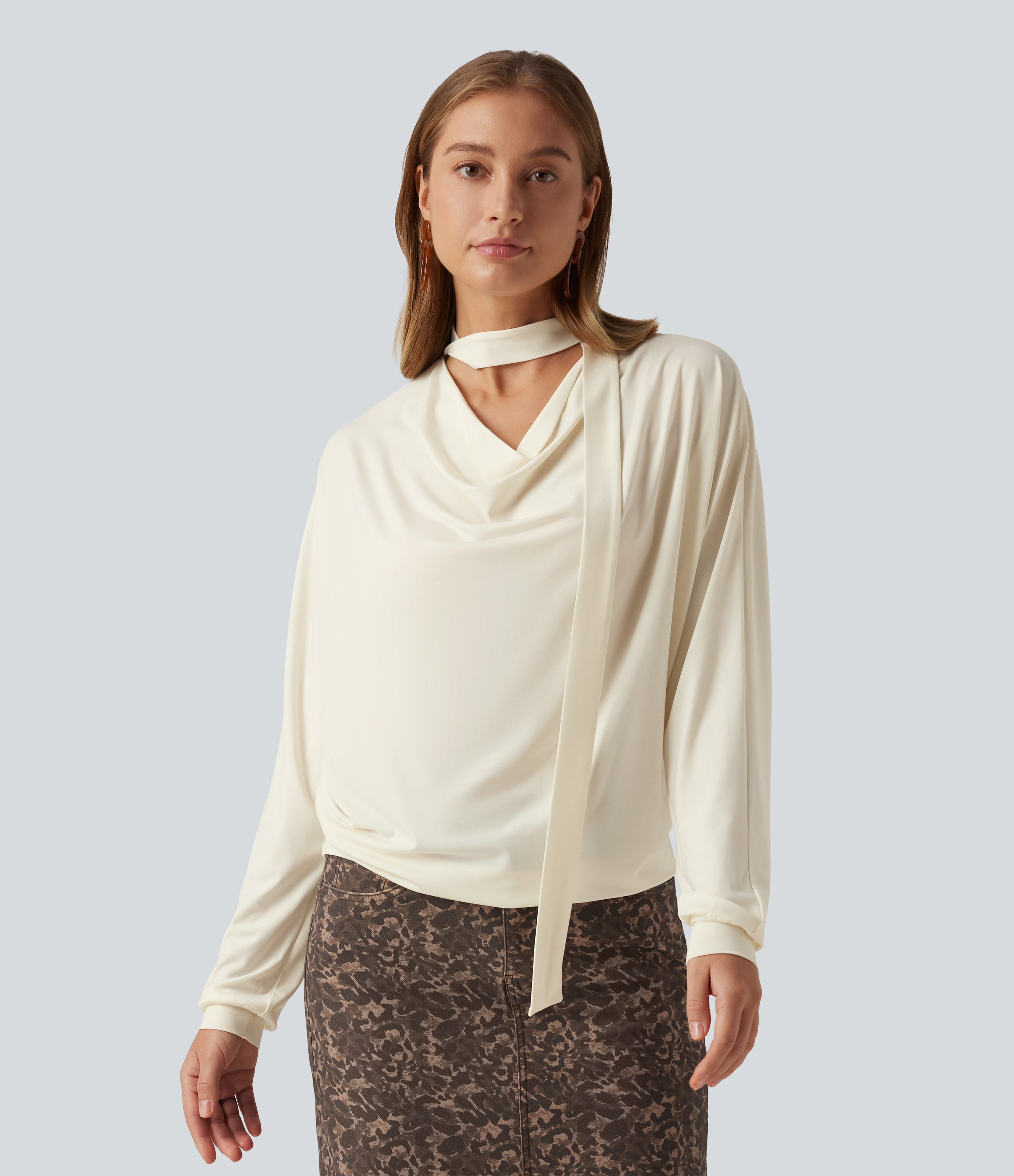 Cowl Neck Long Sleeve Work Top with Scarf