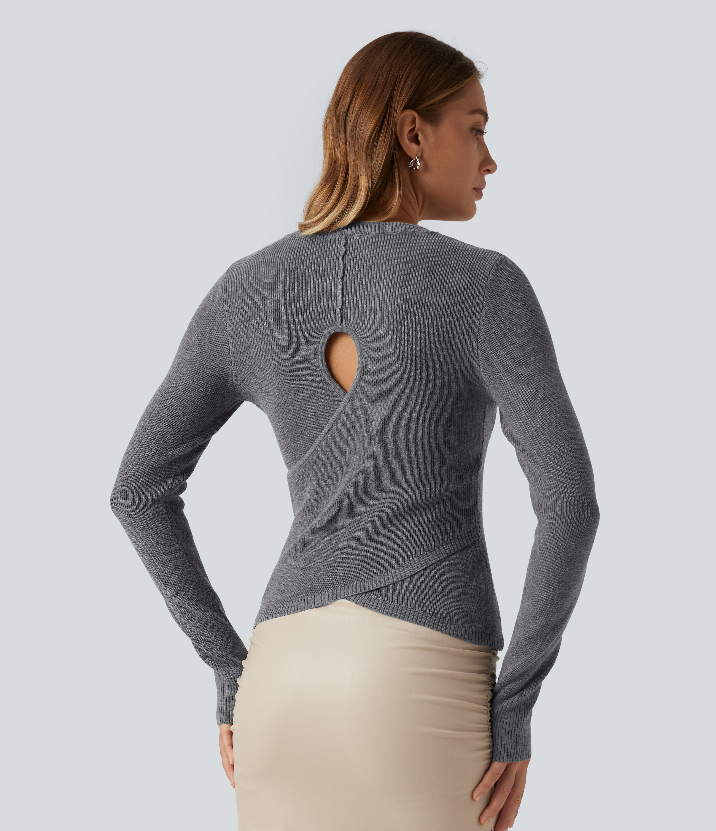 Round Neck Long Sleeve Cut Out Crossover Casual Sweater
