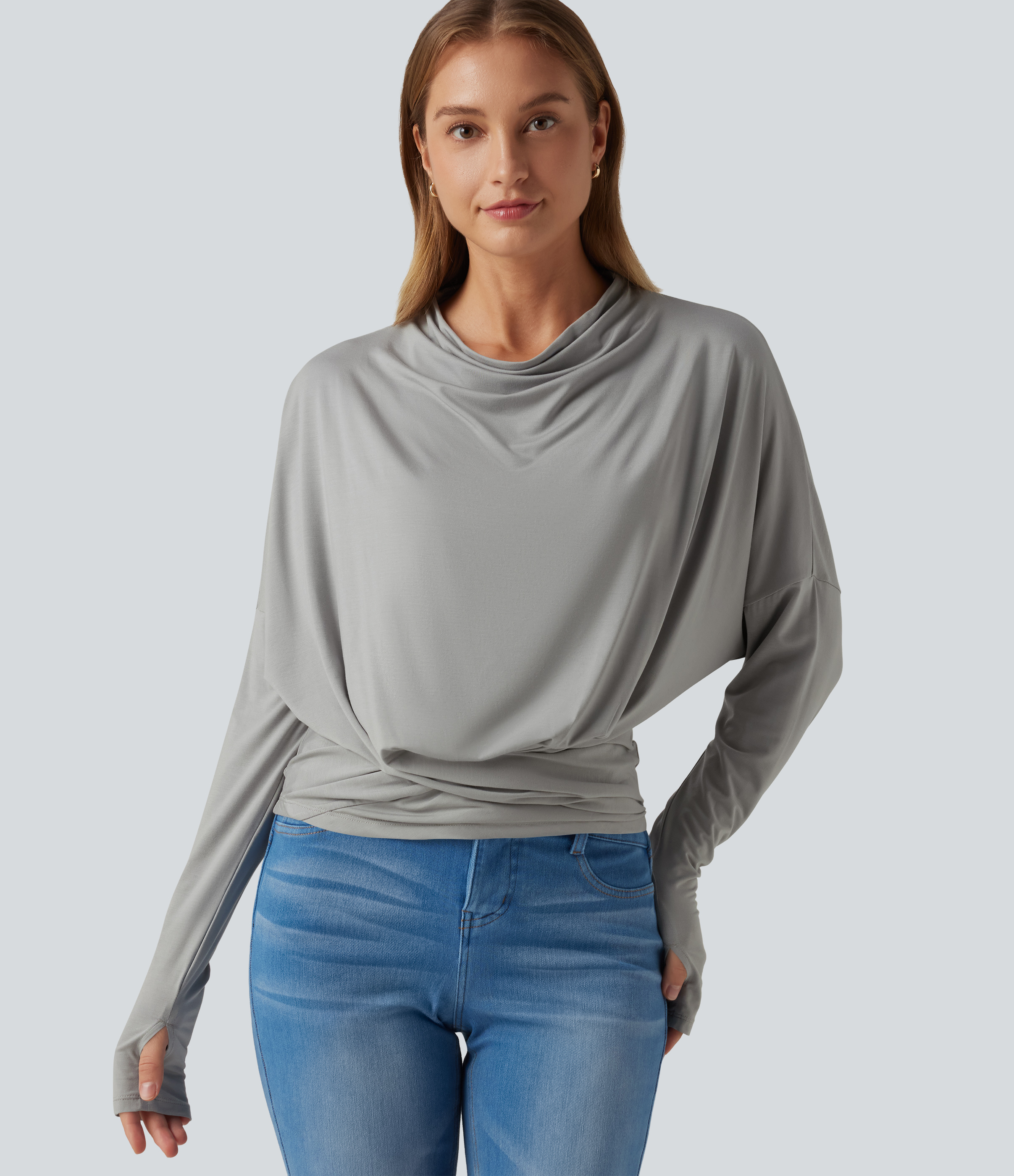Cowl Neck Long Sleeve Dropped Shoulder Thumb Hole Relaxed Casual Top