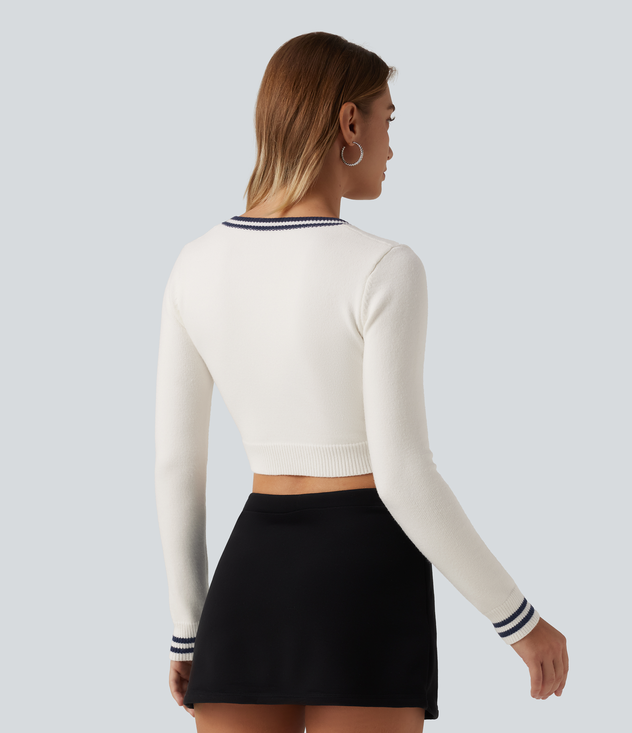 White V Neck Slim Long Sleeve Patterned Casual Cropped Sweater / 2