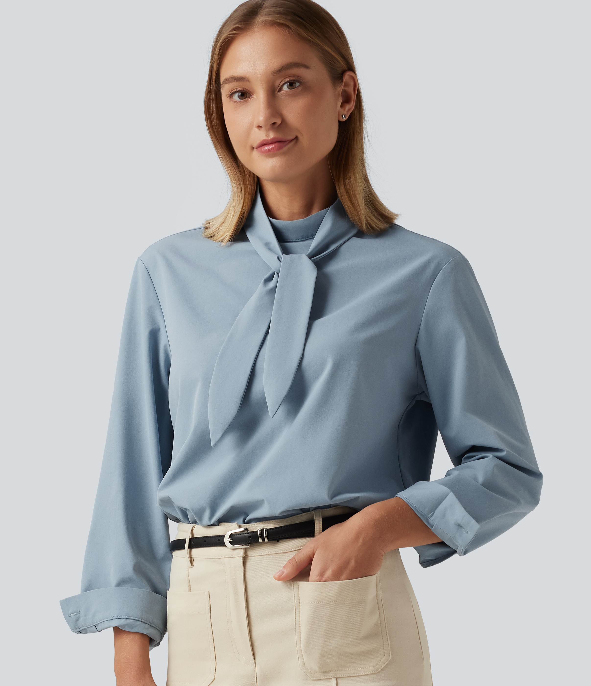 Mock Neck Long Sleeve Tie Front Work Blouse