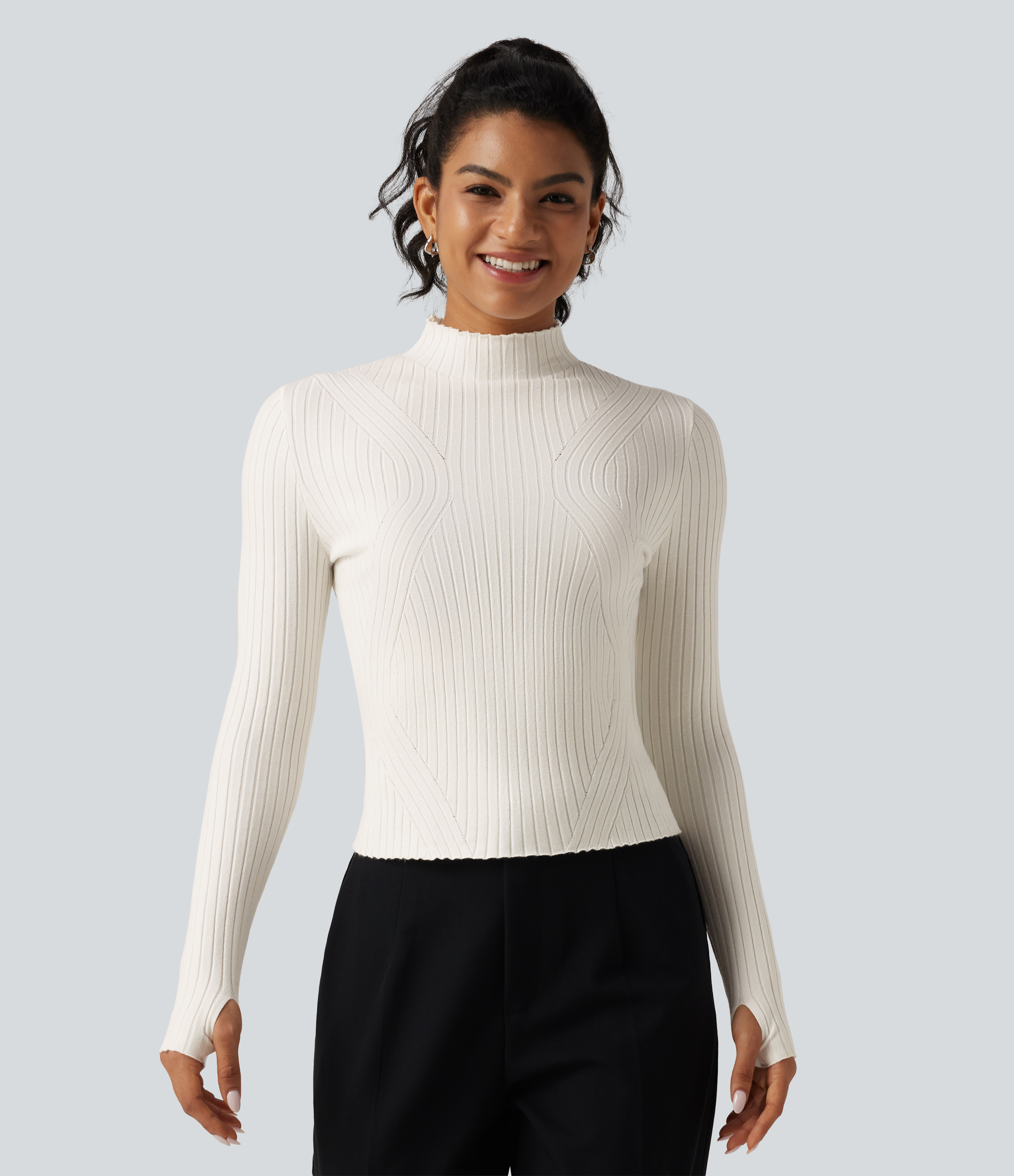 Mock Neck Long Sleeve Slim Work Sweater with Thumbholes