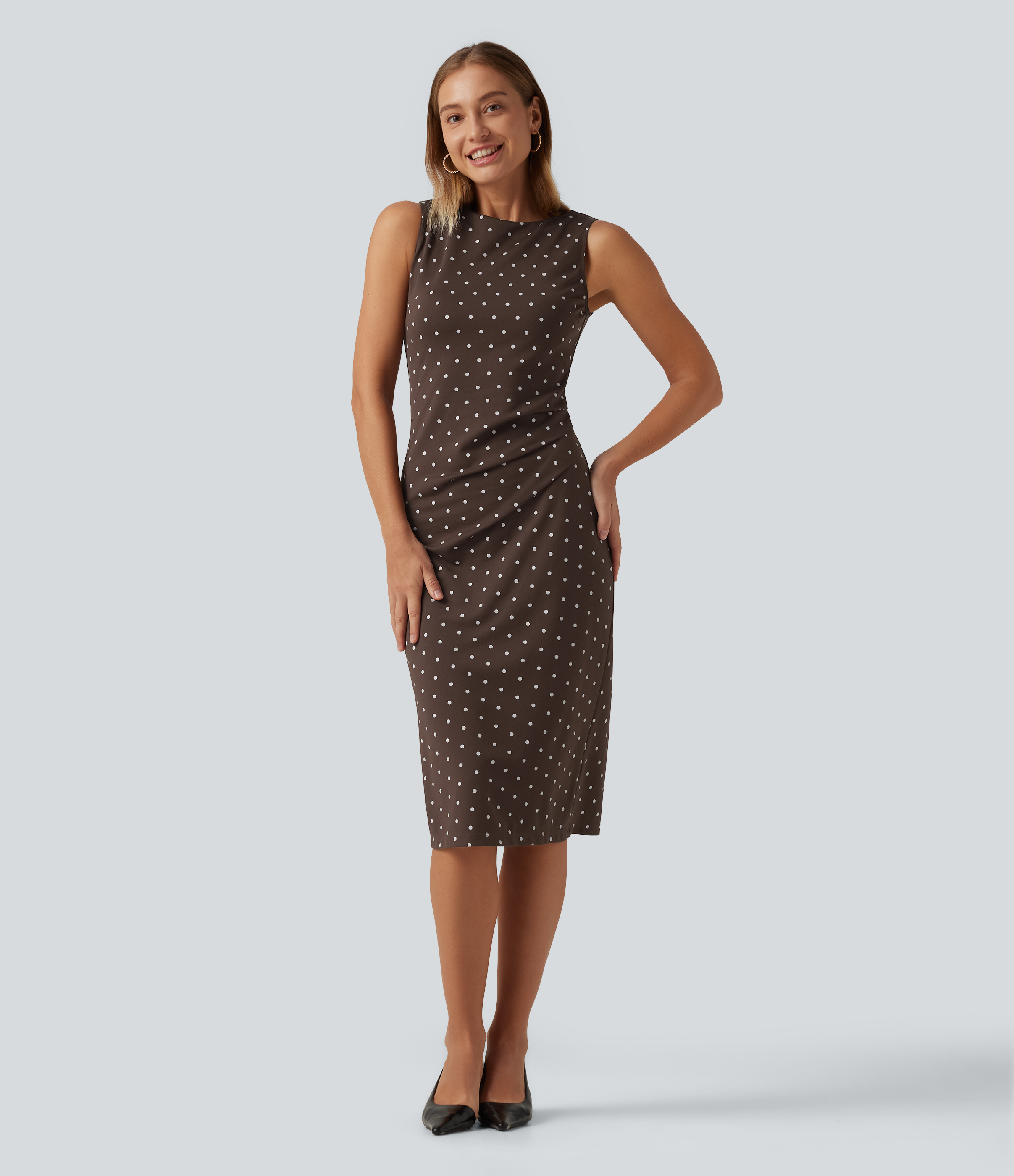 Round Neck Sleeveless Ruched Polka Dot Pencil Work Midi Dress