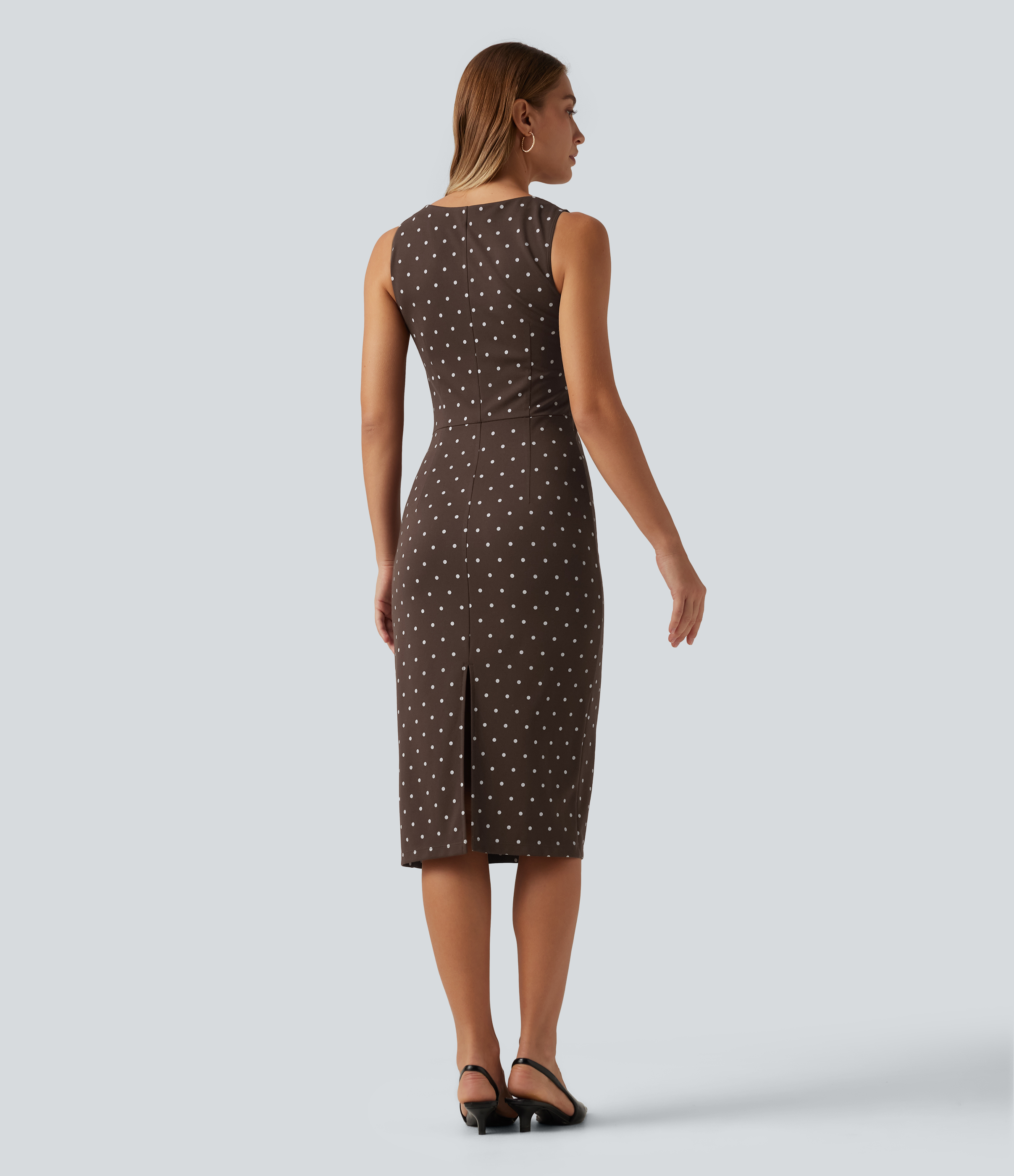 Cocoa Confetti Round Neck Sleeveless Ruched Polka Dot Pencil Work Midi Dress / 2