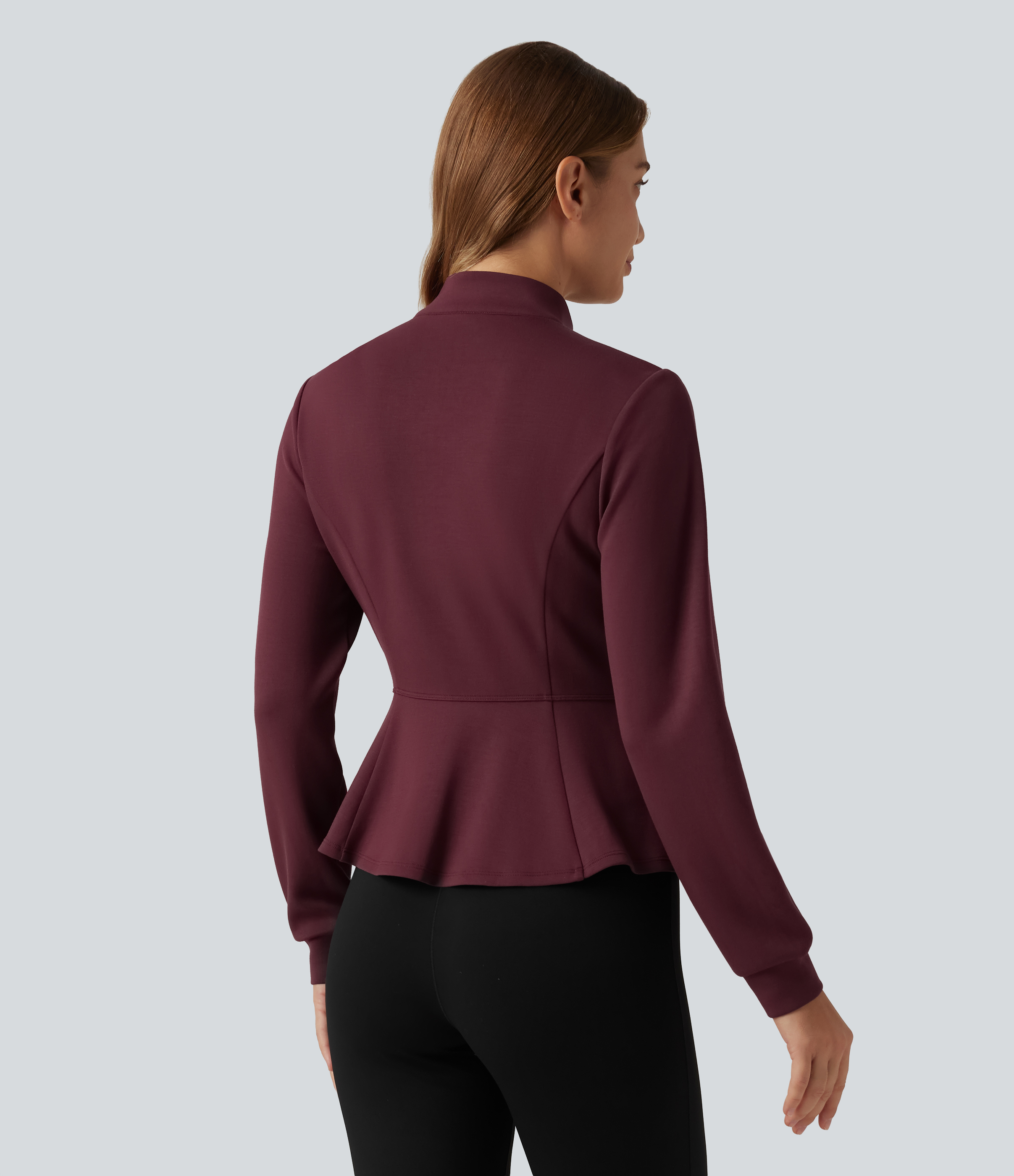 Oxblood Red SpacerTek™ Stand Collar Zip Fly Long Sleeve Ruffle Hem Yoga Jacket with Pockets / 2