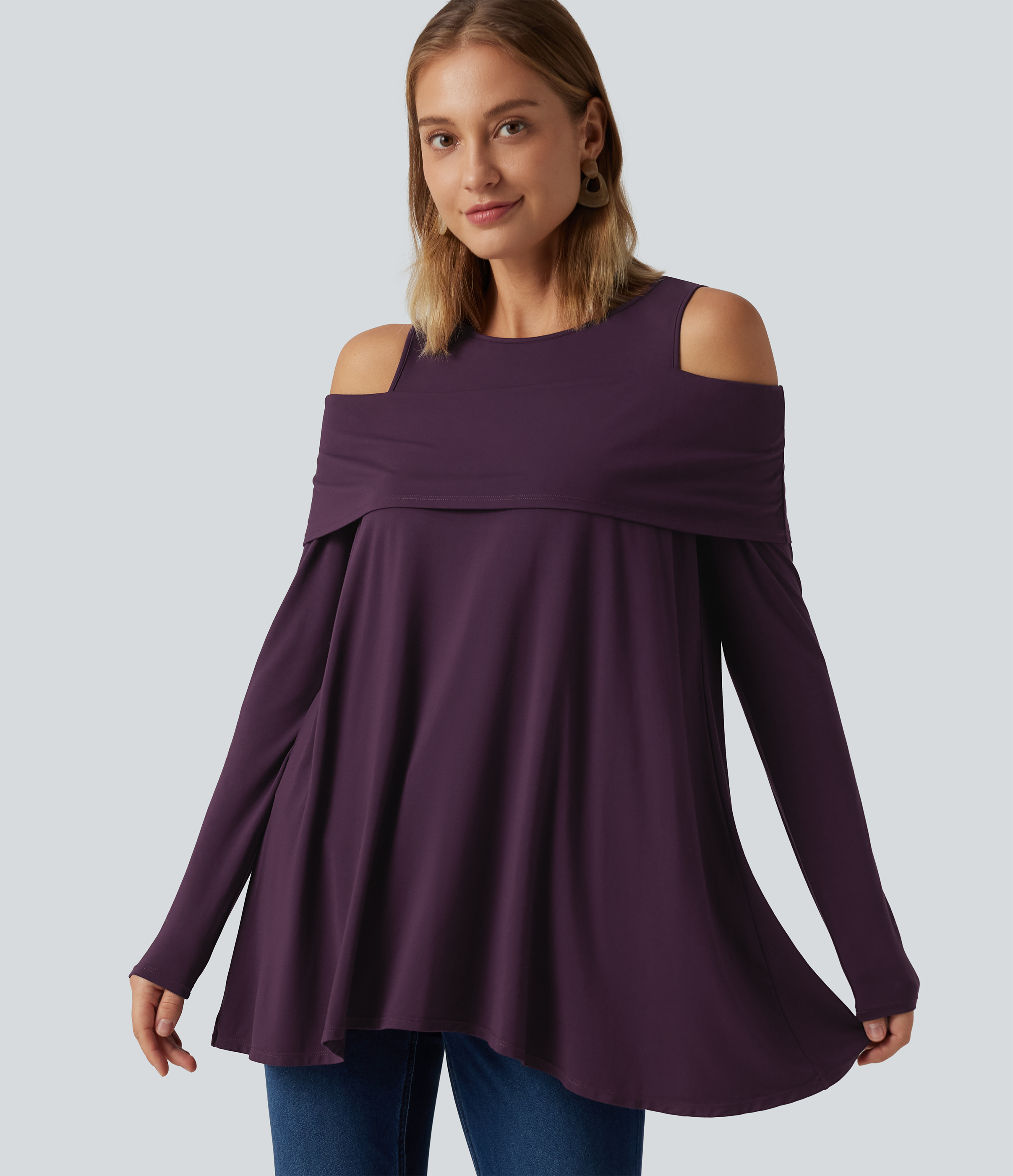 Round Neck Cold Shoulder Relaxed Long Sleeve Casual Top