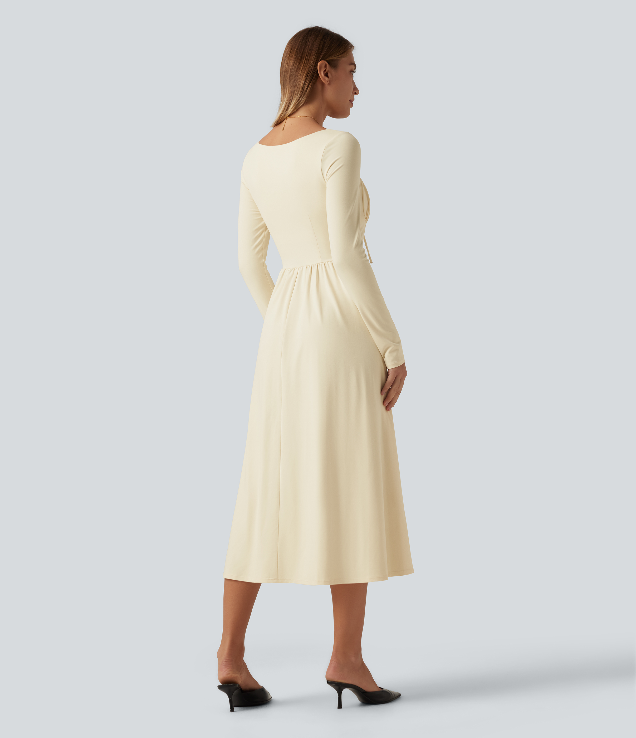 Vague Yellow Square Neck Long Sleeve Built-In Bra A-Line Milkmaid Midi Dress / 2
