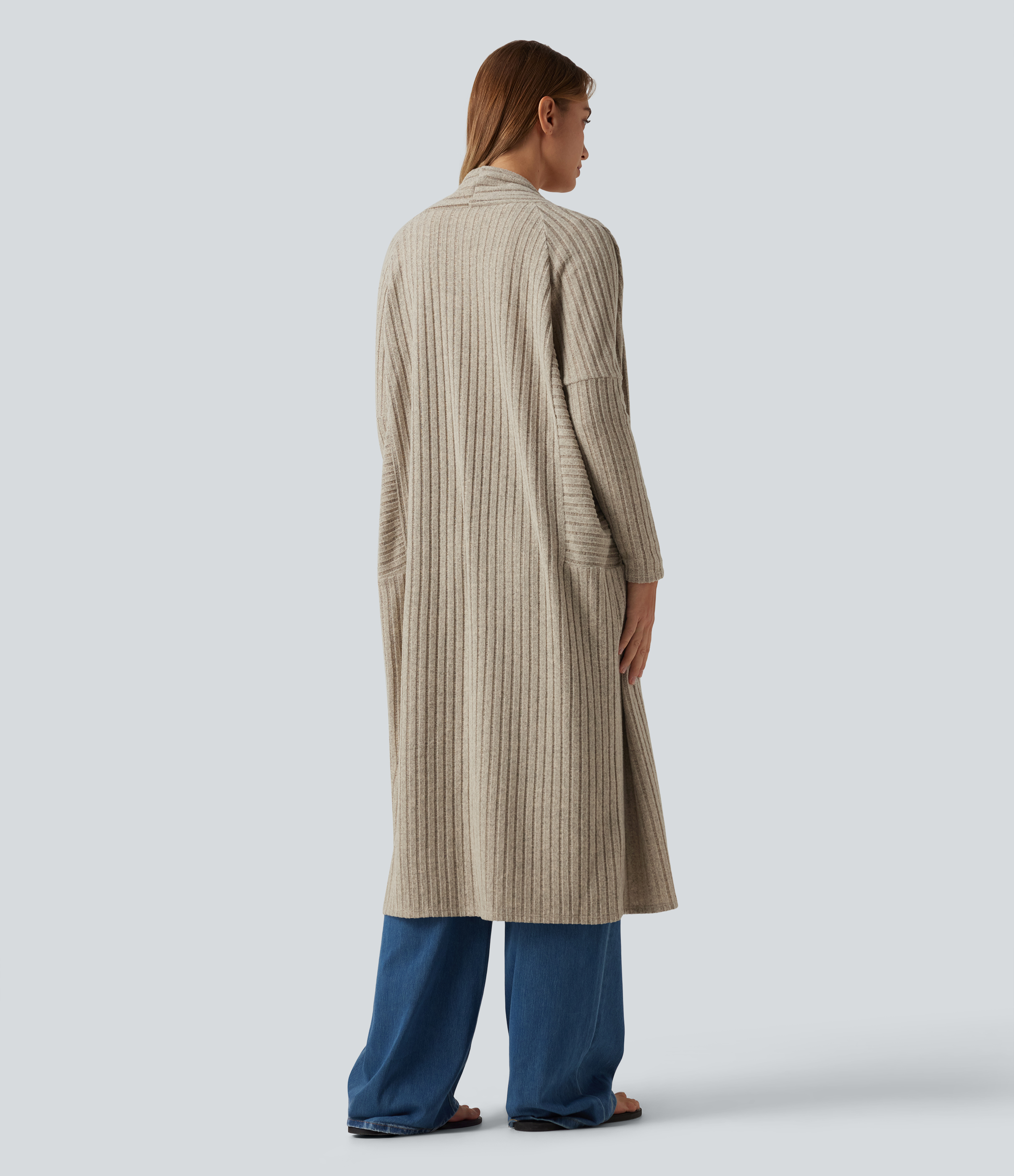 Ridge Sand Khaki Ribbed Knit Batwing Long Sleeve Belted Casual Longline Cardigan / 2