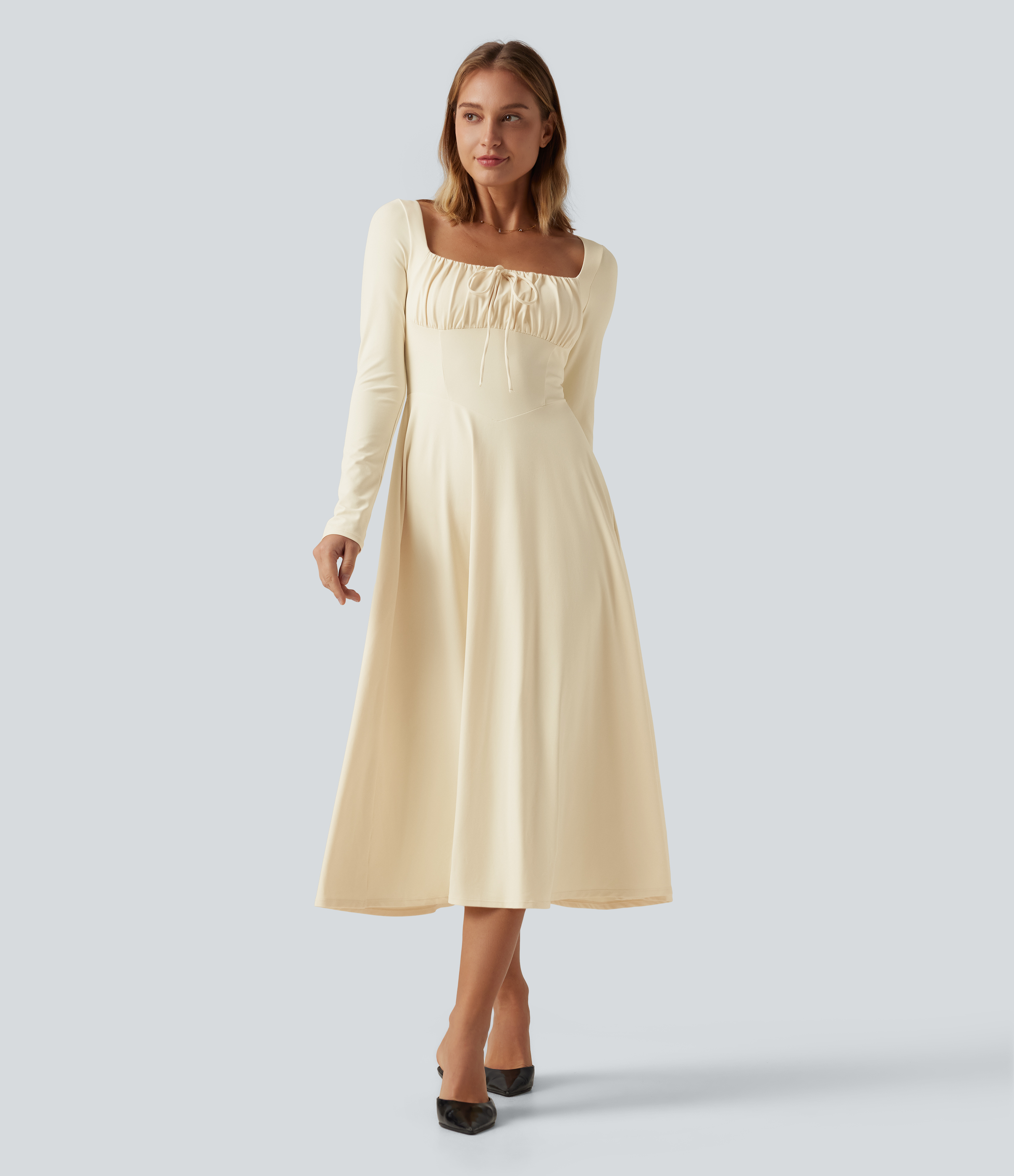 Square Neck Long Sleeve Built-In Bra A-Line Milkmaid Midi Dress