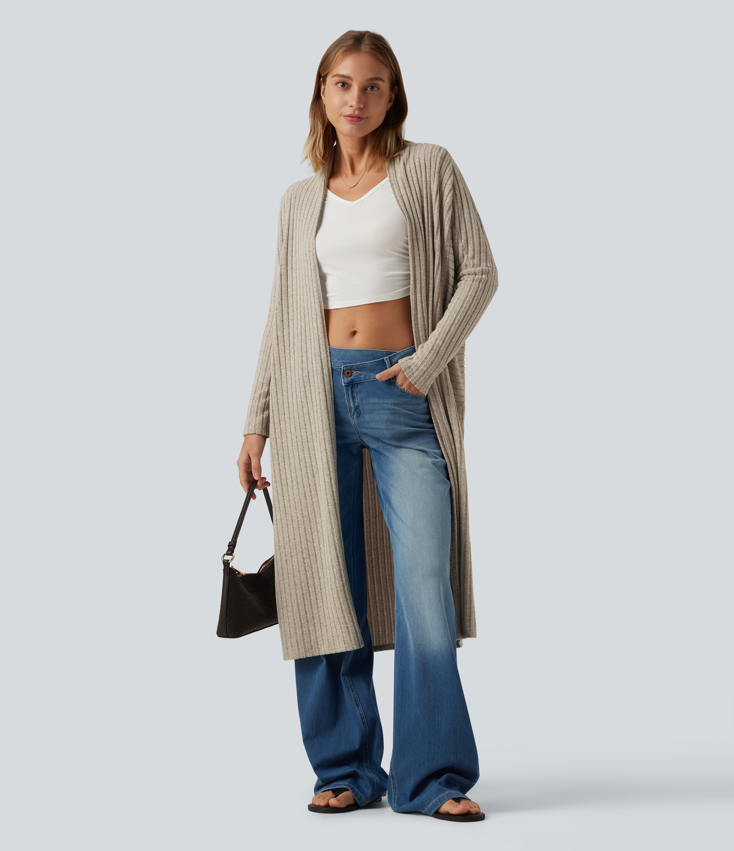 Ribbed Knit Batwing Long Sleeve Belted Casual Longline Cardigan