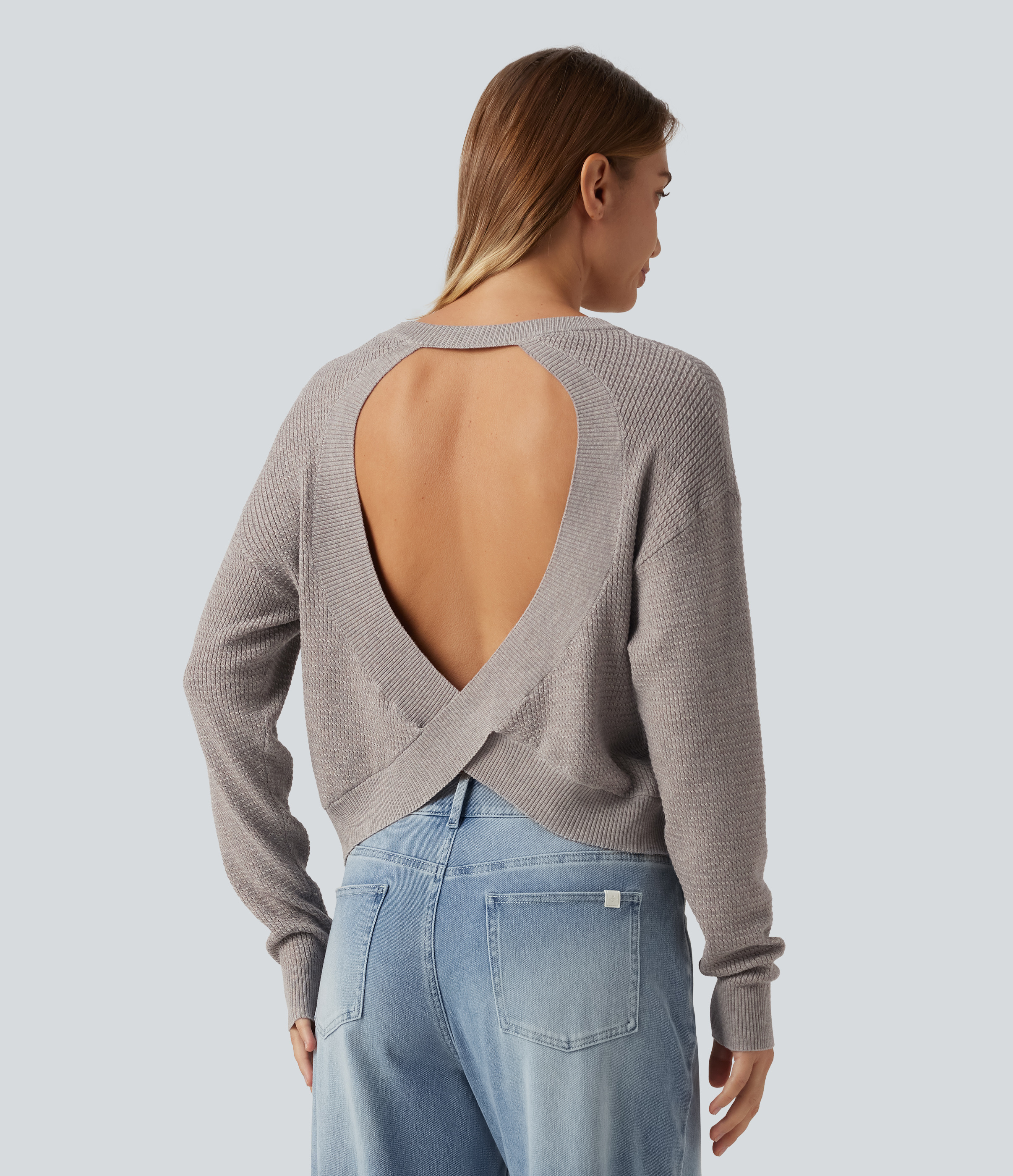 Crushed Rock Round Neck Long Sleeve Cut-Out Back Casual Sweater / 2