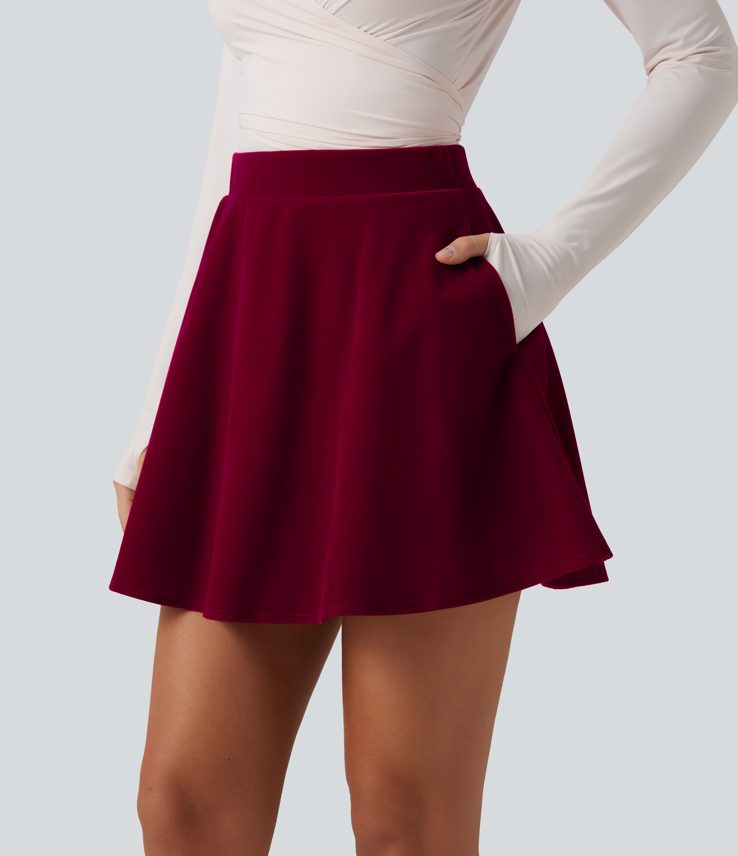 High Waisted A-Line Velvet Party Mini Skirt with Pockets