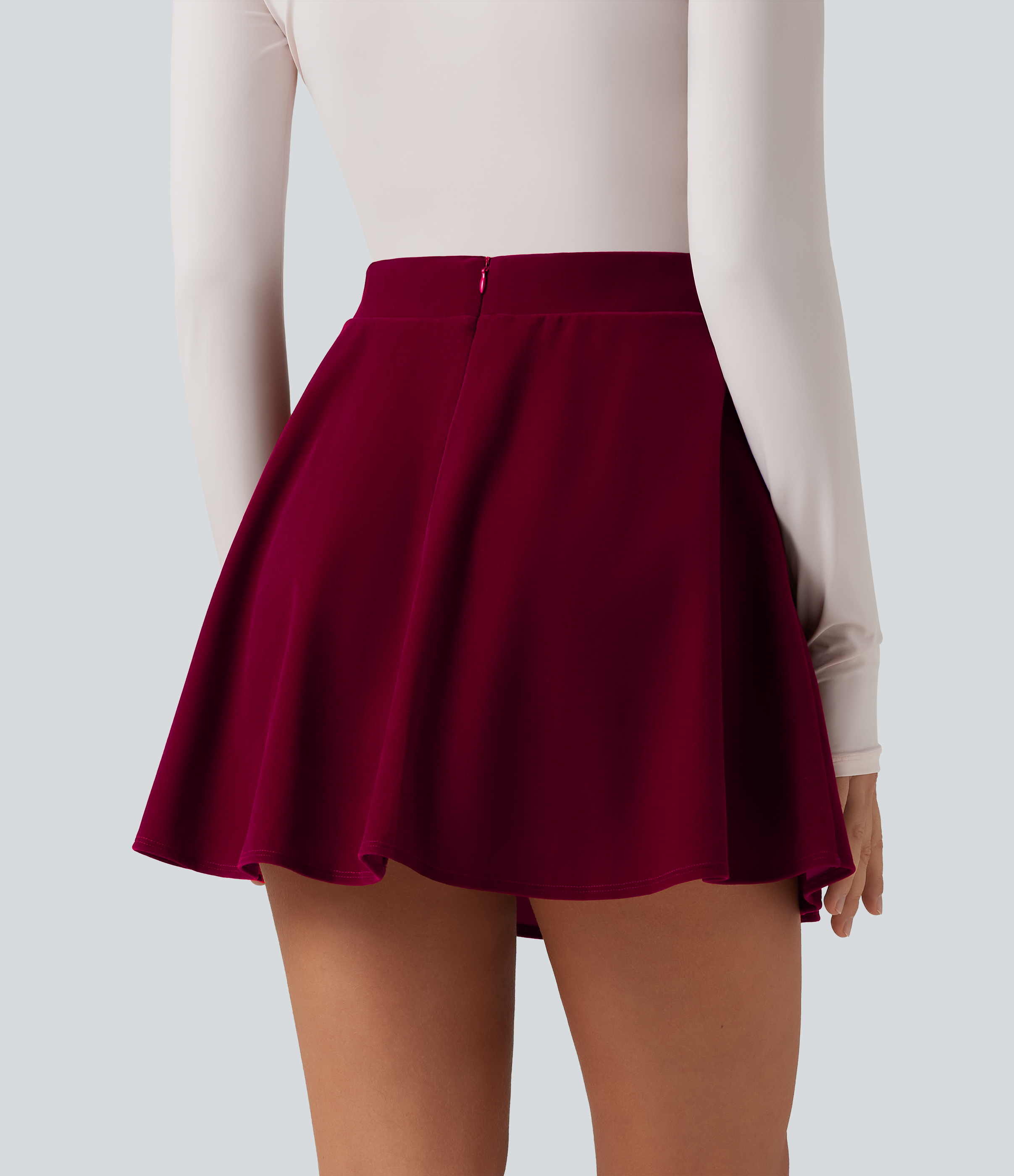 Cardinal Red High Waisted A-Line Velvet Party Mini Skirt with Pockets / 2