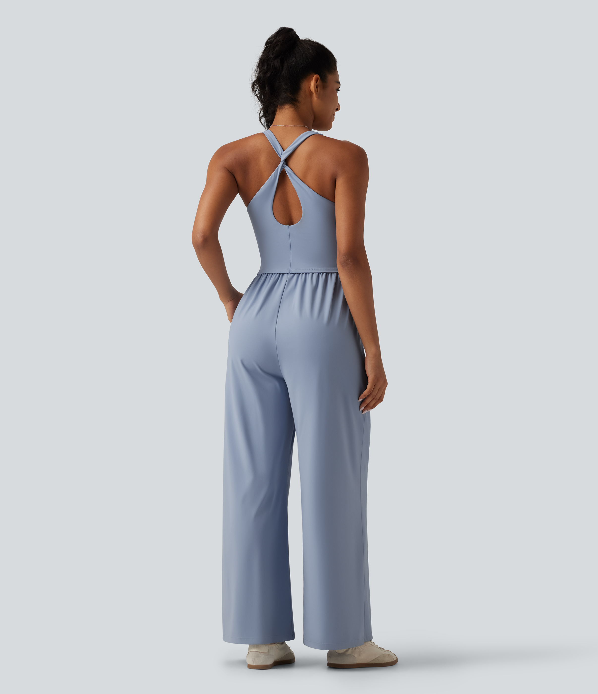 Light Grey Blue SoftlyZero™ Airy U Neck Crisscross Back InstantCool Dance Jumpsuit with Built-in Bra and Pockets-Easy Peezy Edition / 2