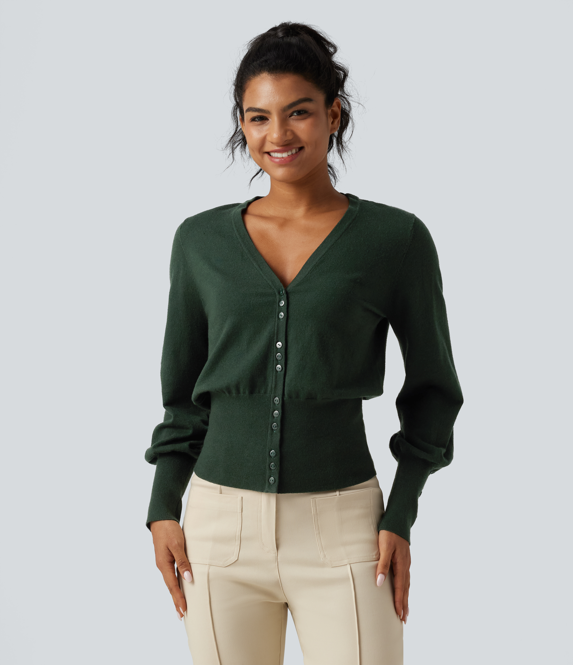V Neck Bishop Long Sleeve Work Cardigan