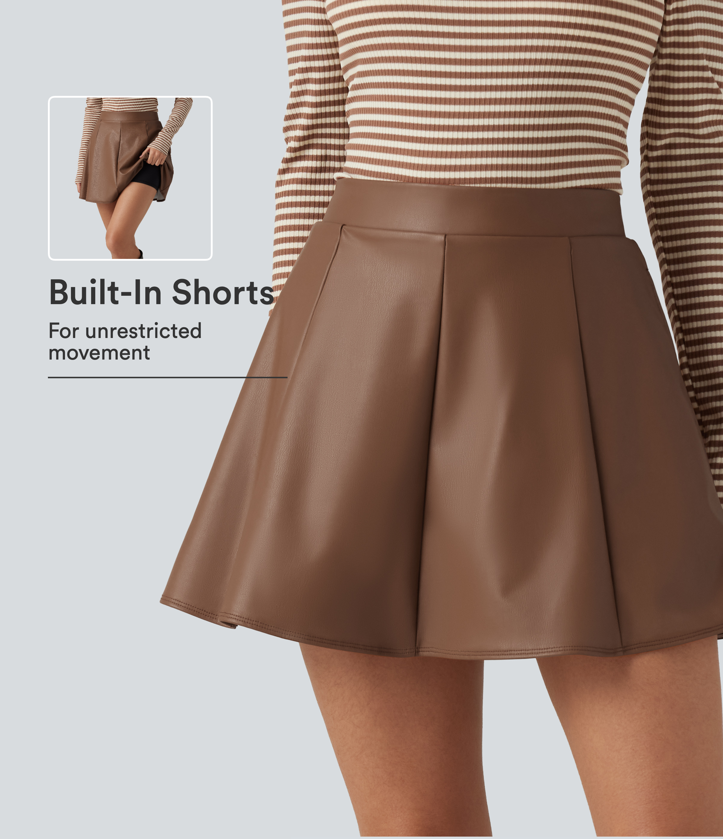 High Waisted Fleece Work PU Leather Mini Skirt with Built-in Shorts and Pockets