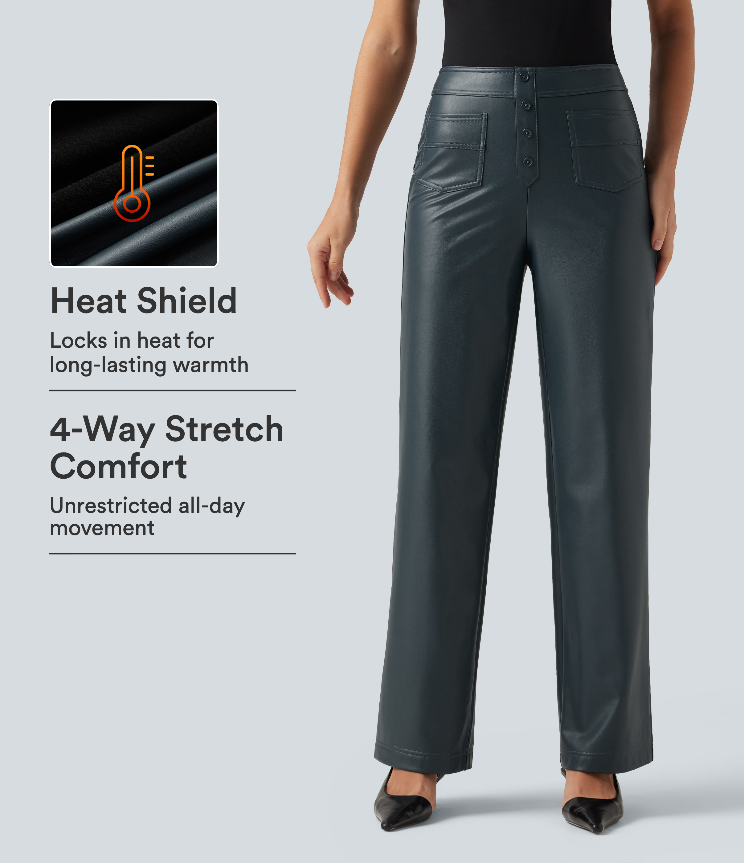 Pantalon décontracté droit en similicuir (PU), taille haute, extensible, doublé polaire, avec poches