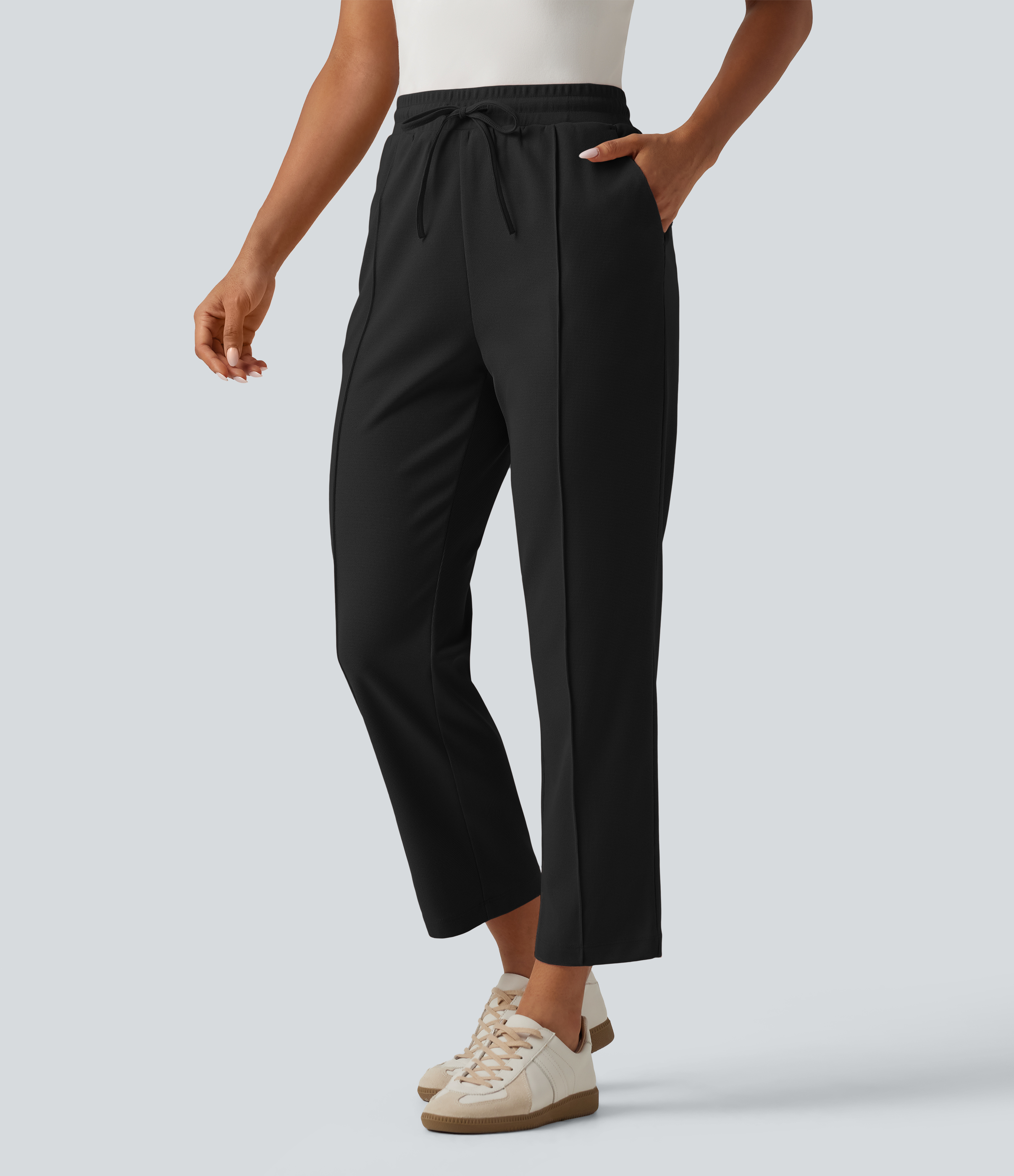 High Waisted Drawstring Tapered Pintuck Work Pants with Pockets