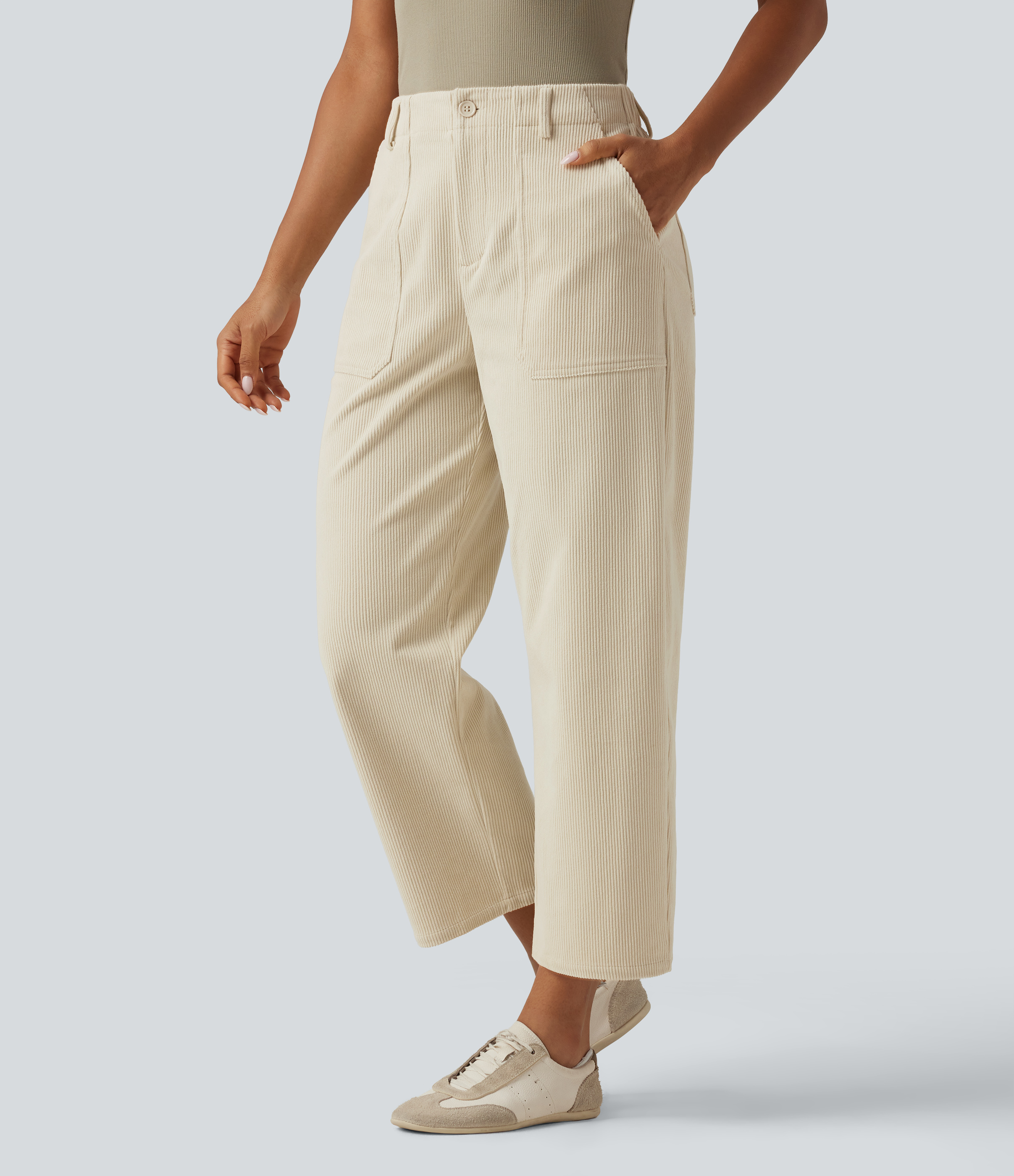 High Waisted Barrel Leg Corduroy Casual Pants with Pockets