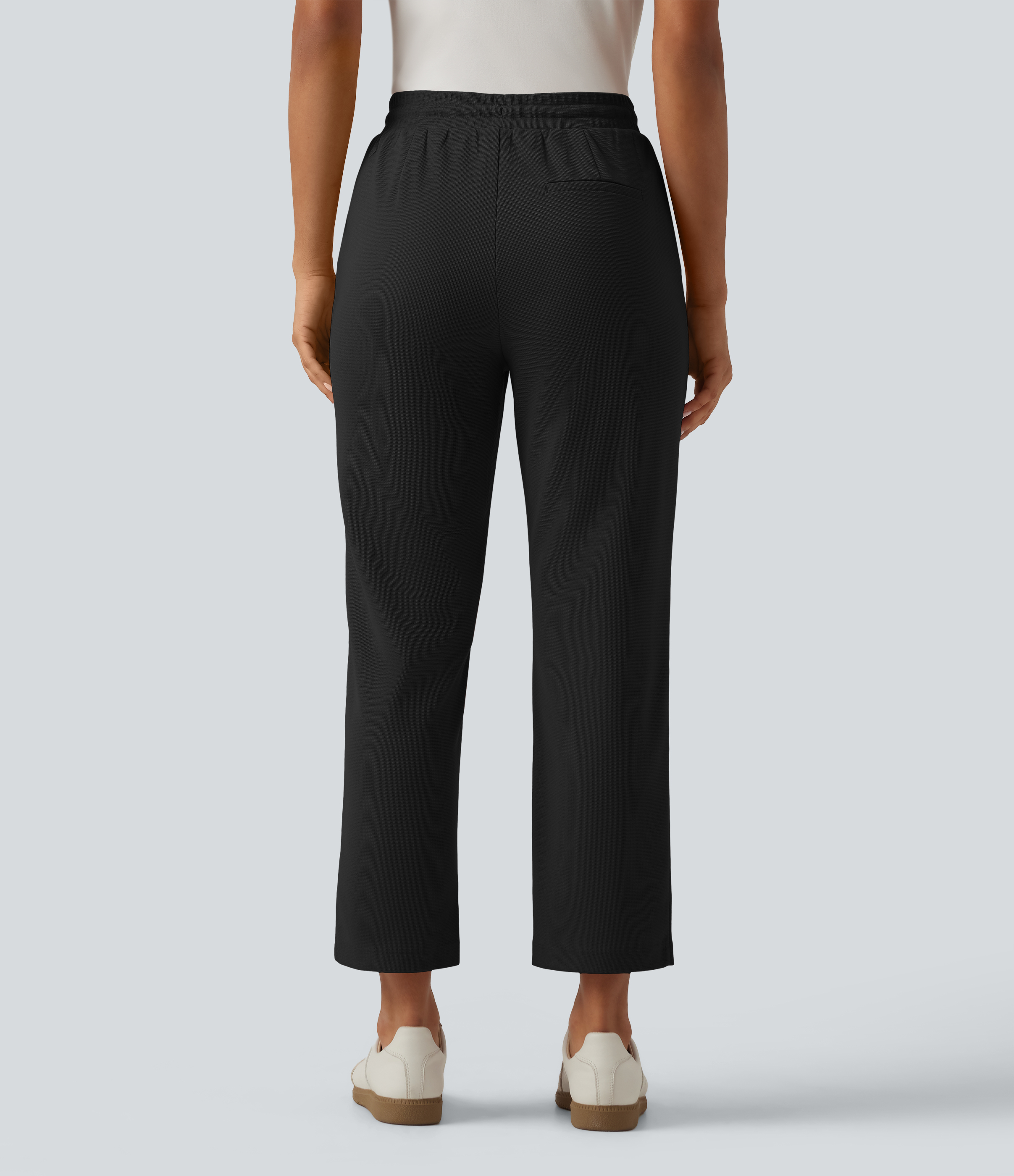 Black High Waisted Drawstring Tapered Pintuck Work Pants with Pockets / 2