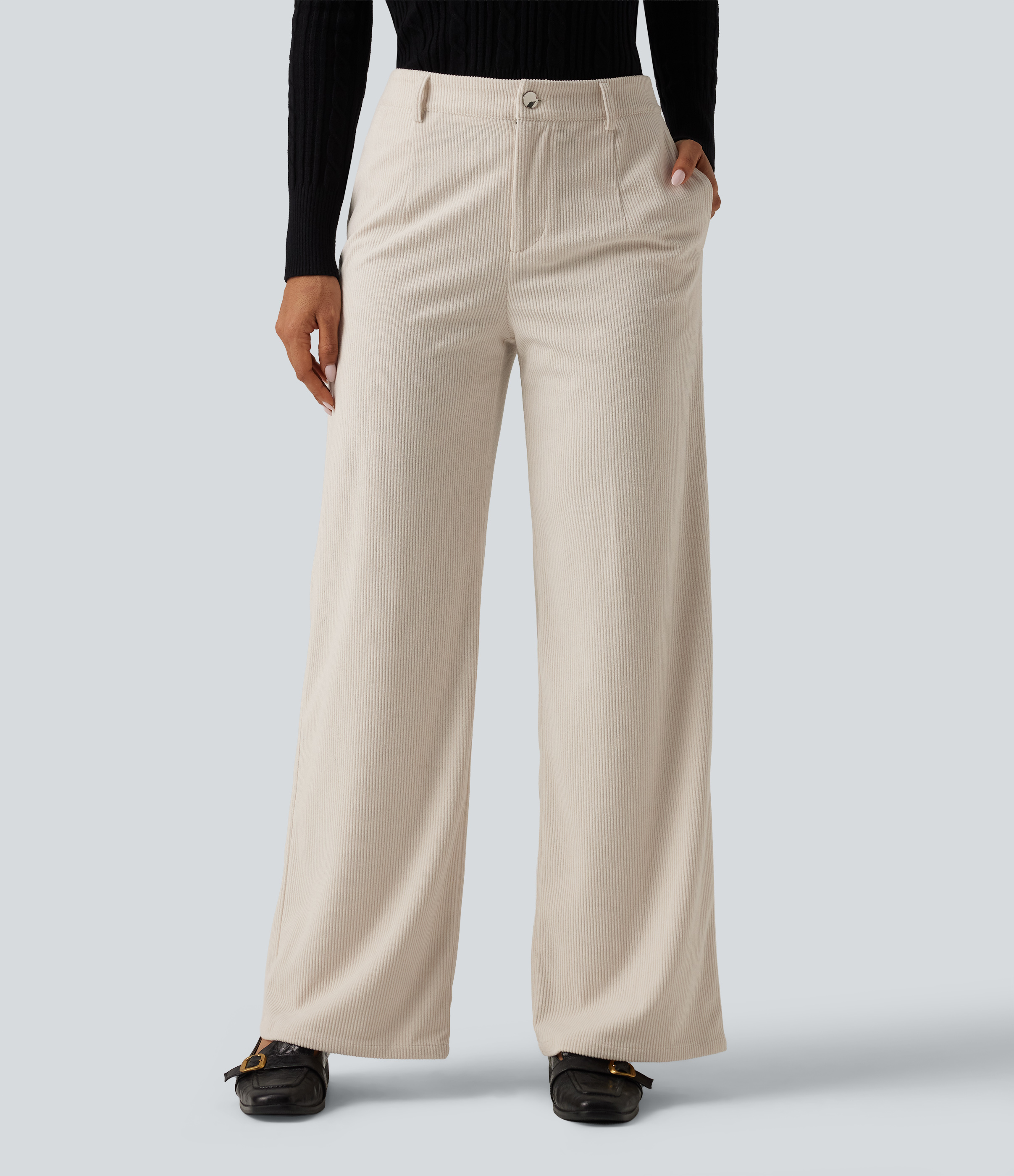 Mid Rise Wide Leg Corduroy Casual Pants with Pockets
