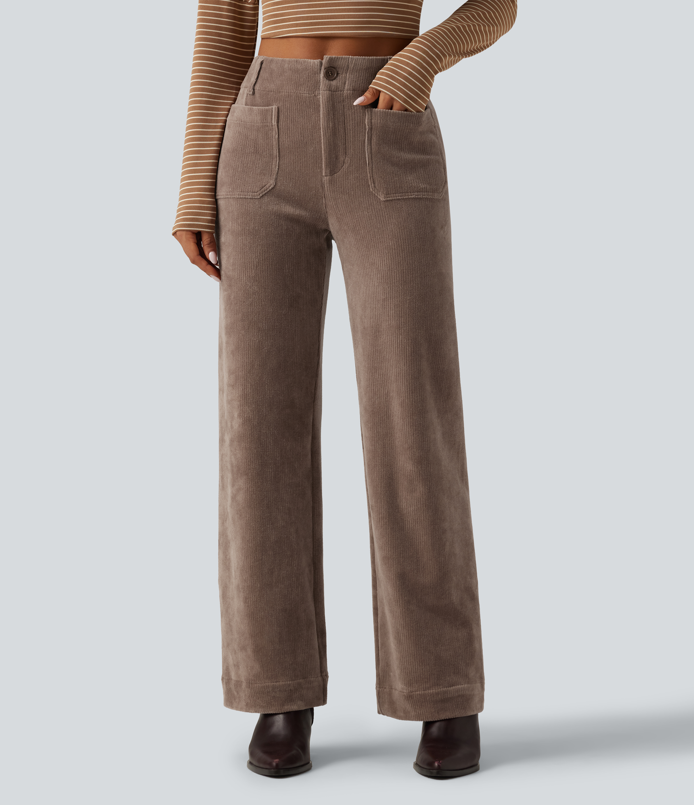 Pantalon décontracté en velours côtelé taille haute, coupe droite, avec poches
